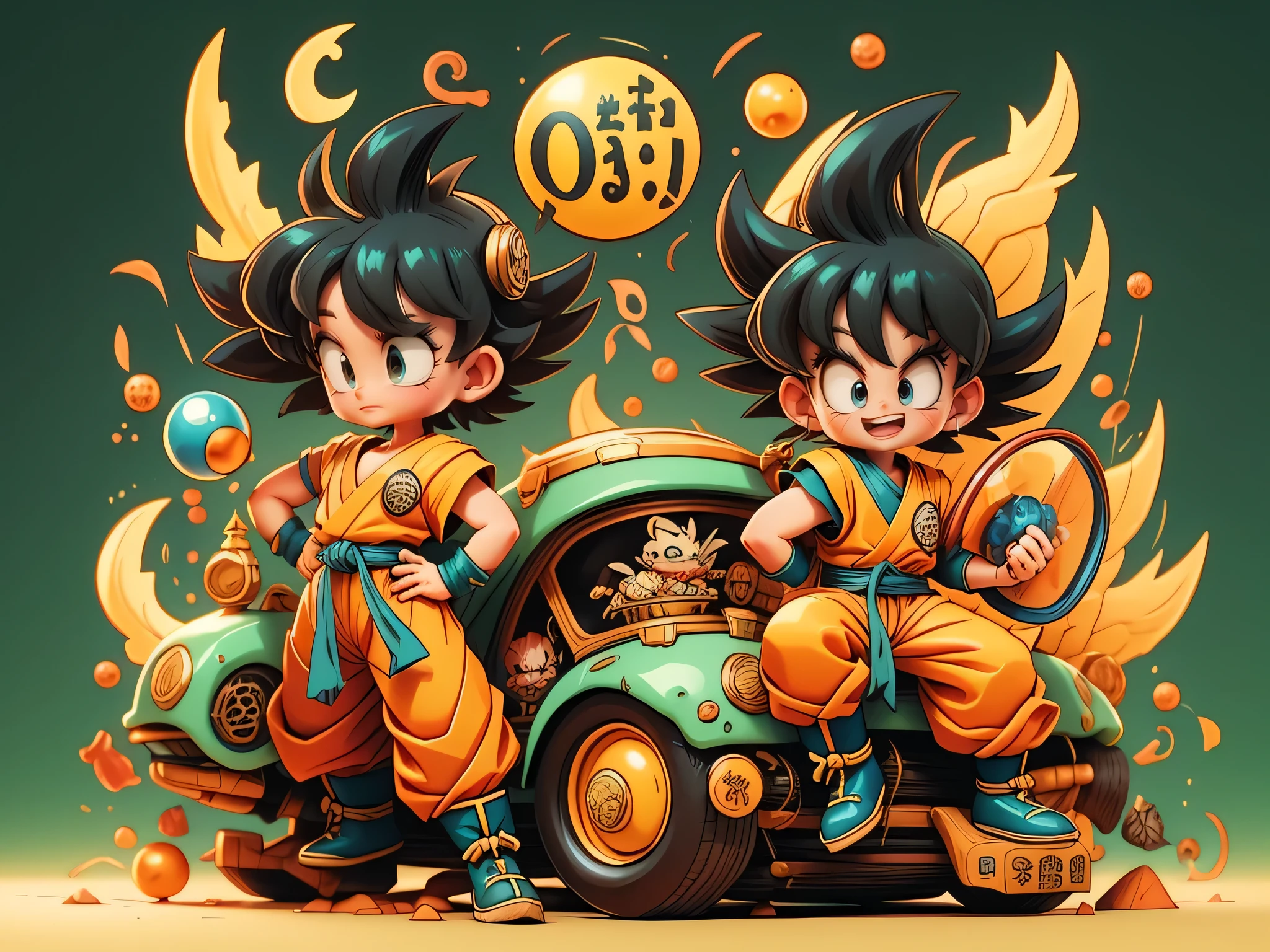 ((dragonボールの孫悟空とdragon:dragonボール)),dynamic pose,Ruyi stick,doge,Happy,seems to be happy,Excited,Palpitate,dreams expand,akira toriyama'painting style,illustration elements,rendering,Cherish the texture,be familiar with,dream-like,calm colors,rich colors,retro,Steampunk element,masterpiece,Highestmasterpiece,nice,Highest,cute,dragonボールZ,fractal art elements,a bit,logo:dragonボール,nice background,Highestの構図,dynamic,dreams and adventure,dragon,dinosaur,ride a dragon