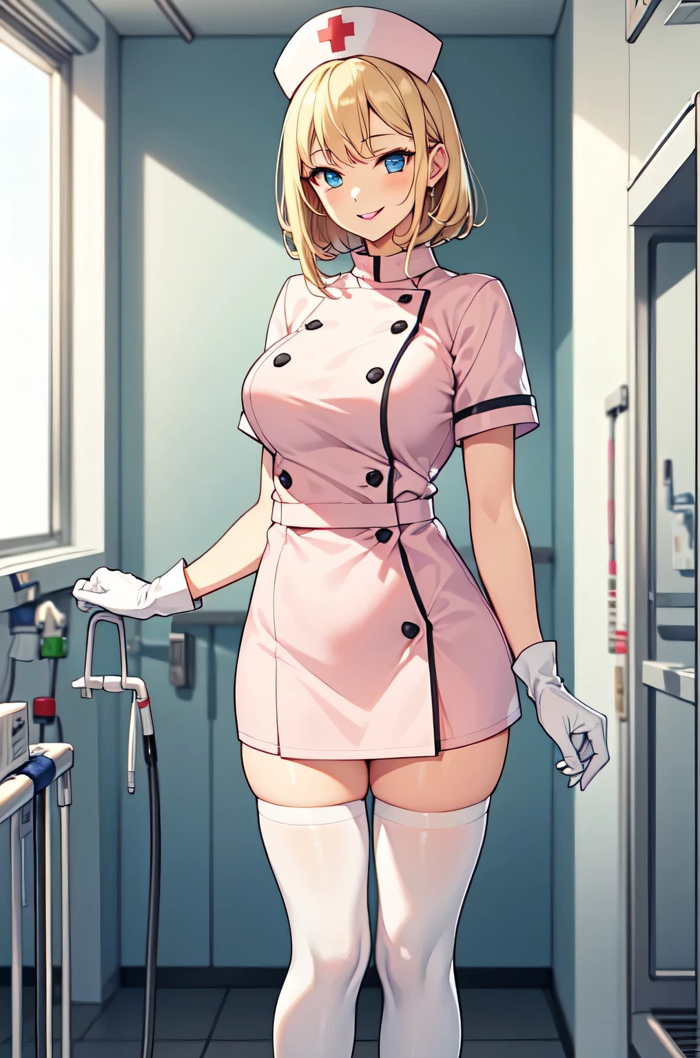 1woman, solo, nurse, white nurse cap, white nurse uniform, ((white legwear, zettai ryouiki)), white gloves, blonde hair, blue eyes, pink lips, smile, standing, ((hospital room)), sharp outline, short sleeves, mature female, 35 years old, best quality, masterpiece