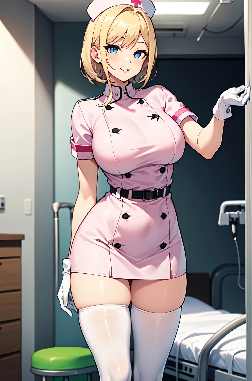 1woman, solo, nurse, white nurse cap, white nurse uniform, ((white legwear, zettai ryouiki)), white gloves, blonde hair, blue eyes, pink lips, smile, standing, ((hospital room)), sharp outline, short sleeves, mature female, 35 years old, best quality, masterpiece