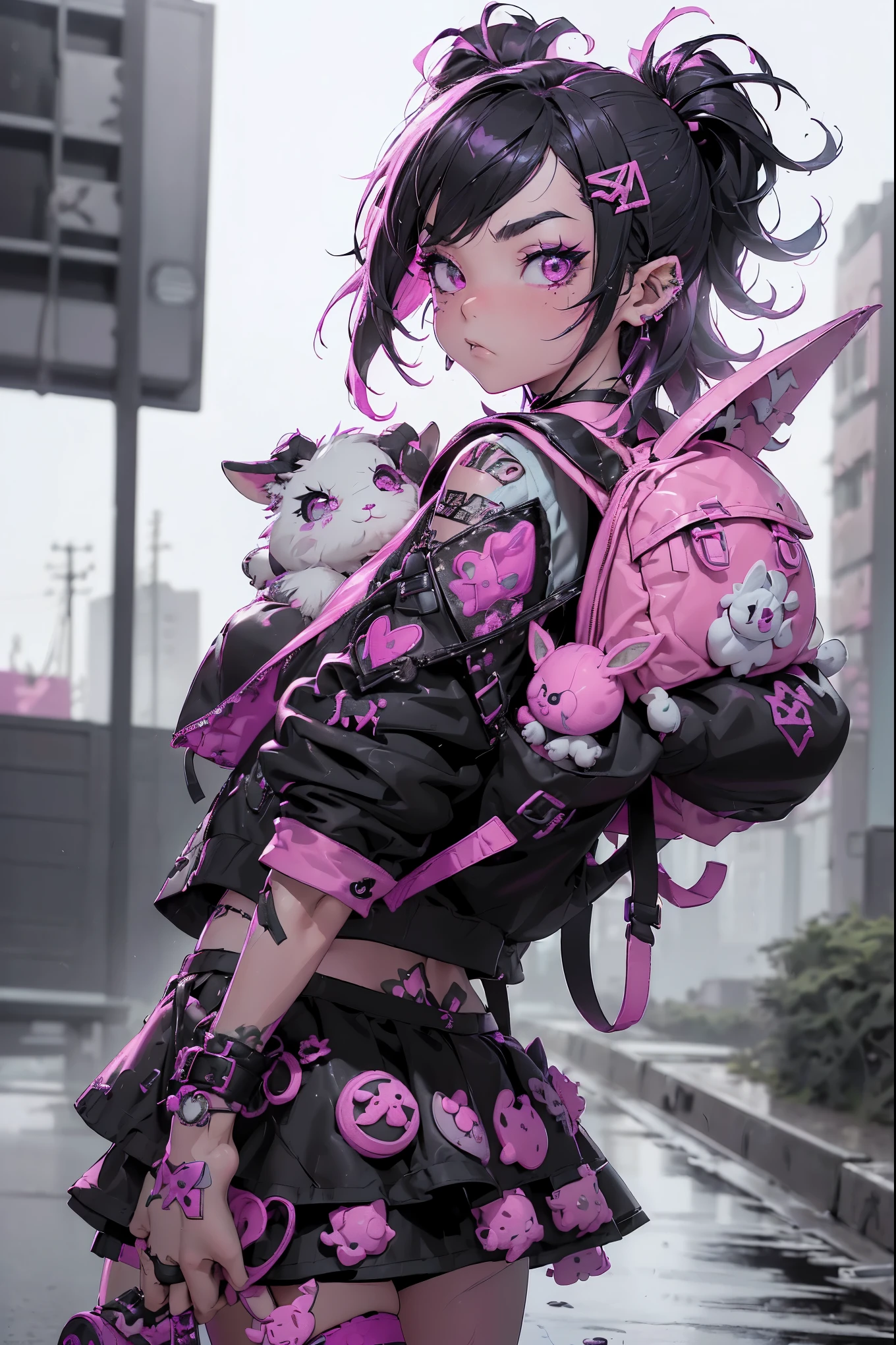 (highest quality、8k、32K、masterpiece、nffsw:1.3)、(Photoreal:1.4),((shoot from front,looking at viewer,full_body:1.5)),((18-year-old punk girl,eccentric punk hair:1.3)),((pink and black punk fashion、flared mini skirt、micro bikini:1.5))、((Holding a stuffed rabbit:1.5))、clothes with studs、((holding a bloody bat in his right hand:1.5))、((black backpack on the back))、(bright black and pink hair:1.5),Wacky makeup、Desolate city in the rain,puddle on the road、(cinematic lighting)、Depth of the bounds written,blurred background、