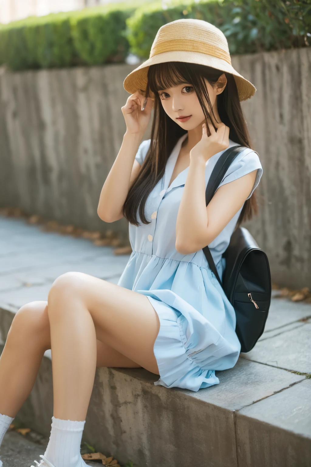 chunmomo,(masterpiece, best quality:1.2), 1girl, solo, hat,schoolbag,dress,delicate face