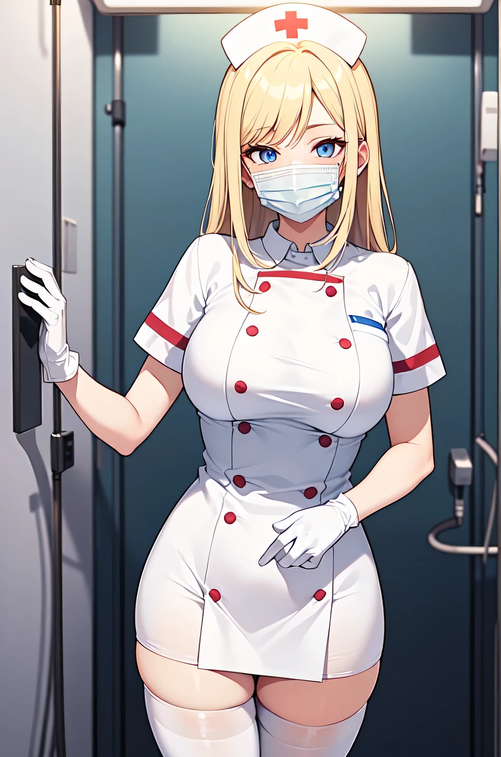 1woman, solo, nurse, white nurse cap, white nurse uniform, ((white legwear, zettai ryouiki)), white gloves, blonde hair, blue eyes, ((white surgical mask, covered nose)), standing, ((hospital room)), sharp outline, short sleeves, mature female, 35 years old, best quality, masterpiece