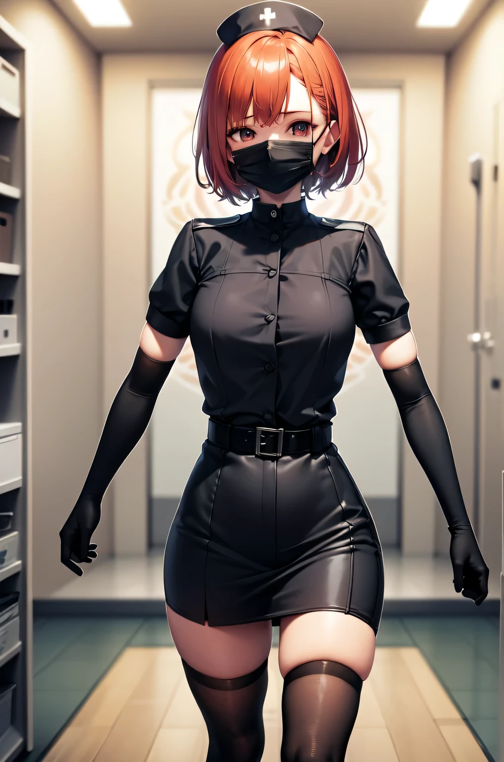 black nurse, 1girl, solo, black nurse cap, black nurse uniform, ((black legwear, zettai ryouiki)), black elbow gloves, very short hair, orange hair, ((black surgical mask, covered nose)), standing, ((surgery room)), sharp outline, short sleeves, tomboy, boyish, best quality, masterpiece