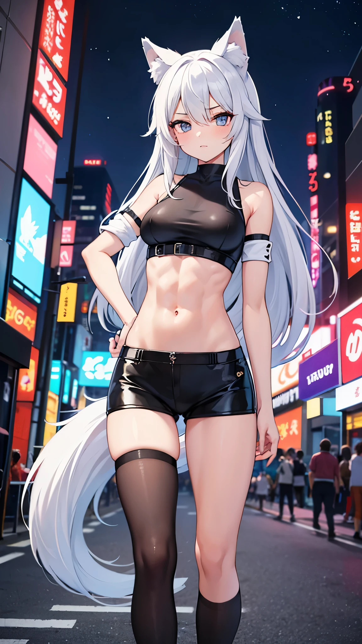 1girl, fit, (abs), six pack, belly, (crop top), white hair, wolf ears, wolf tail, tail, long hair, looking at viewer, full body, (masterpiece), - (night), tokyo (city), [[neon lights]], (no humans), 