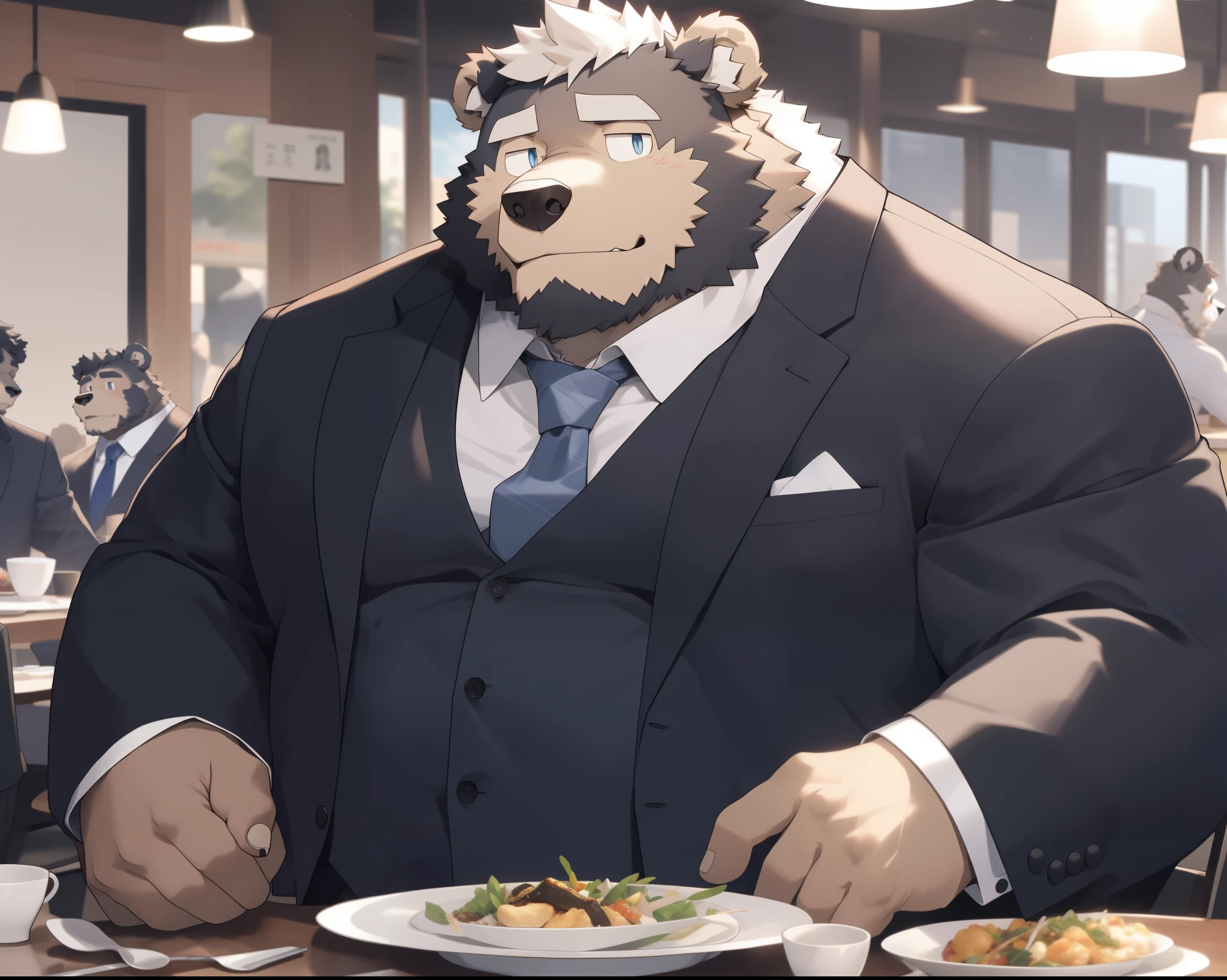 hairy，white fur,light fur，young，director，Suit，Bear，Very obvious secondary sexual characteristics,fat,Faint smile expression，Reaching for the chest pocket，take out a business card,style restaurant，Sit on a dining room chair，full-body shot，side,极其lifelike阴影，masterpiece，Very detailed，lifelike