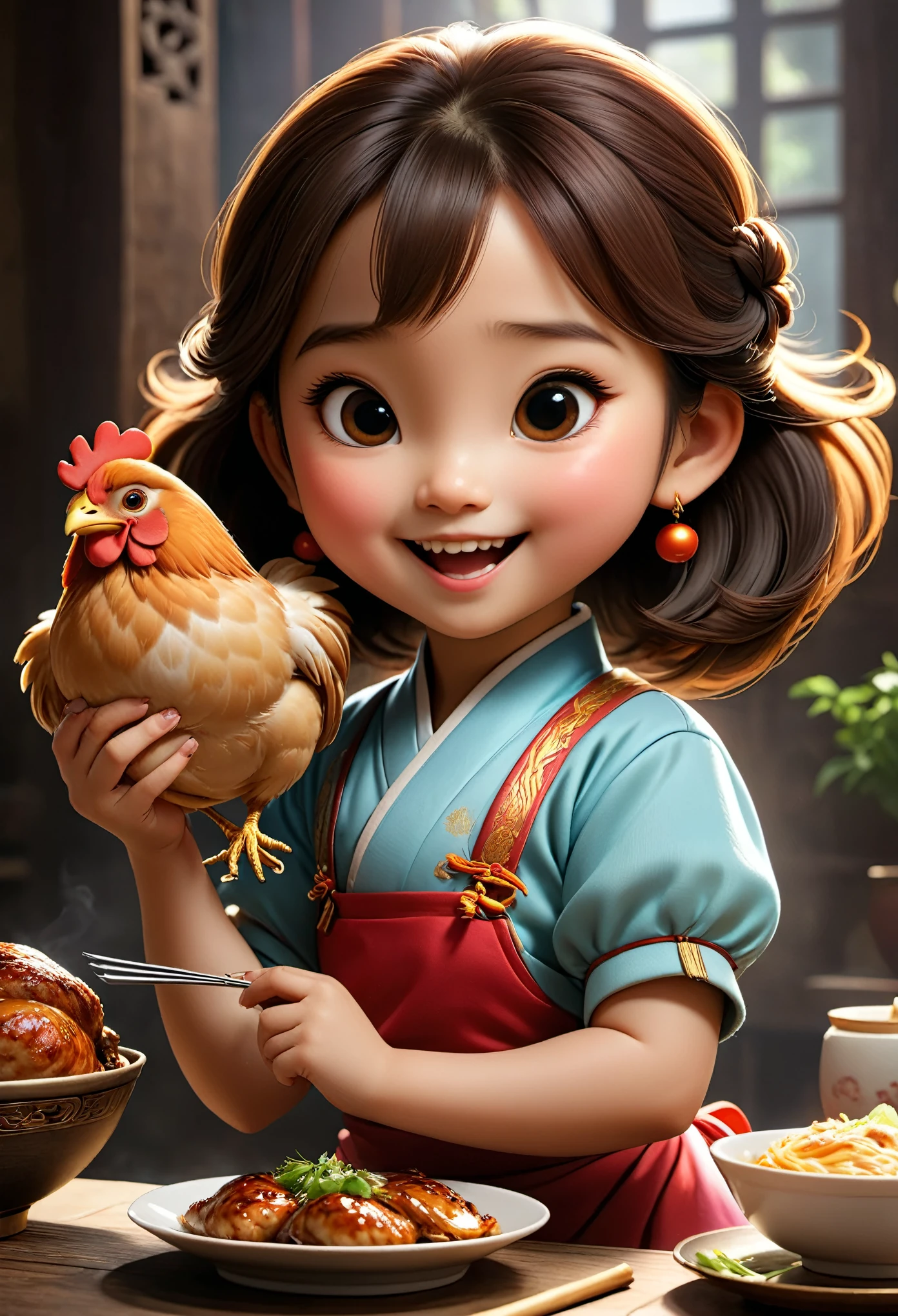 (masterpiece), (best quality), illustration, super detailed, high dynamic range, depth of field, (colorful), ,Xu Lingyin is an online novel《Da Bong beats more people》6  chubby girl，Holding a huge grilled chicken leg in hand，（Eating chicken legs very happily），Ancient China，Upturned braided ball head，The face is very round，small mouth，Eyes narrowed to a slit，smiling，Looks coquettish，Cute personality，Innocent and adorable，Extremely gluttonous，Cartoon，comics，Pixar