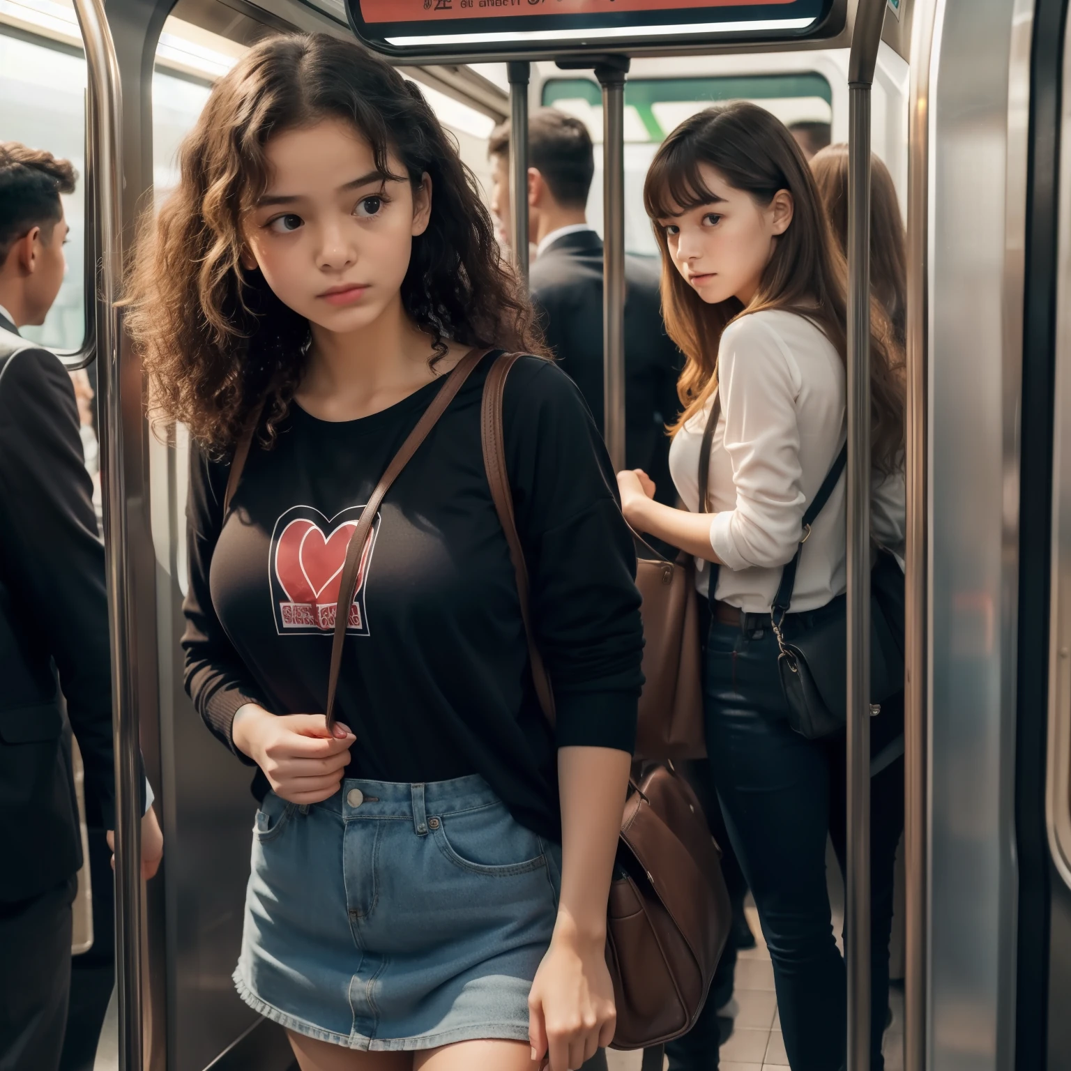 A young girl on the metro, lacking underwear, shows a flash of innocence and embarrassment. Her flush cheeks and nervous glance tell a story of accidental exposure. Her hair is a messy tangle of curls, framing her youthful face. Her outfit is simple and casual, yet makes the situation all the more scandalizing. The dimly lit metro car adds to the mysterious and intriguing atmosphere. The crowds of people in the background go about their business, seemingly oblivious to the uncomfortable situation unfolding before their eyes. The girl's eyes dart around, hoping no one notices the mishap. Her heart races with a mix of fear and embarrassment, as she waits