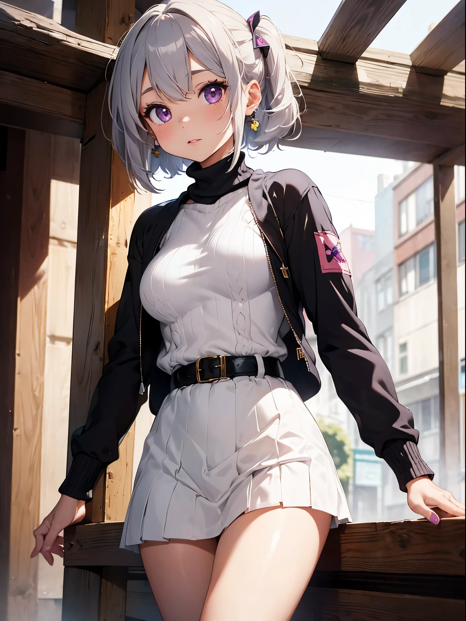 masterpiece,best quality,ultra-detailed,extremely detailed CG,high resolution,super detailed skin,perfect anatomy,trompe-l'?il illusionistic detail,cowboy shot,purple eyes,lipstick,eyeliner,eyeshadow,slender,shiny skin,medium breasts,bob cut,silver hair,shiny hair,BREAK 
The pastel-colored (turtle neck sweater:1.3) gives it a cute look, and the gingham check pattern box-bleated miniskirt gives it a healthy sex appeal.
The calm color (puffer down jacket:1.3) gives it a mature look.
BREAK 
On her feet, she wears long leather boots with a small ribbon as an accent, giving her a cute look.
BREAK 
With her hair up, she shows off her liveliness.
Her makeup is natural and her lips are mainly a cute pink color, which enhances her overall healthy and cute look.
Earrings and necklaces have cute designs that give you a sense of excitement when you go out.
BREAK 