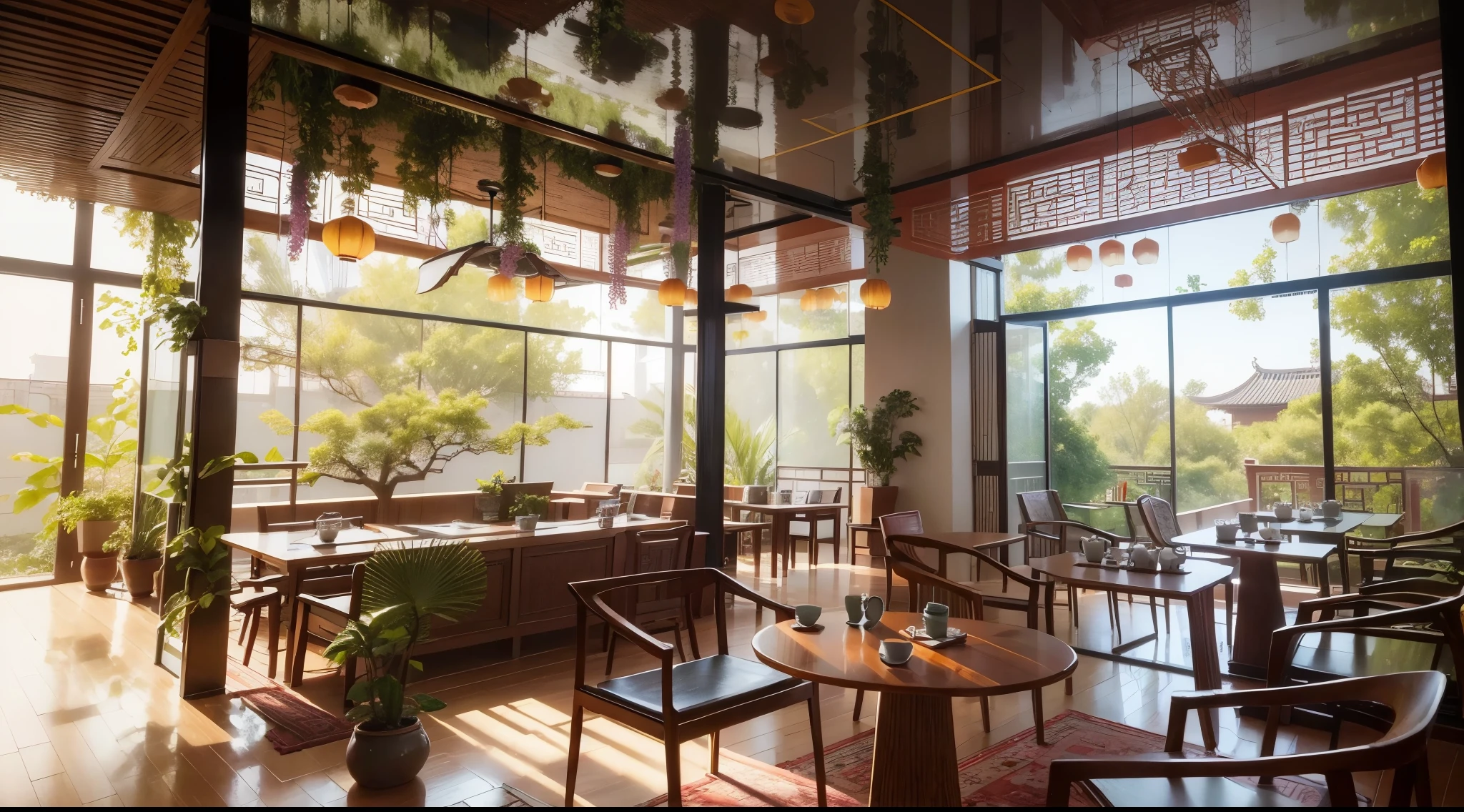 Design Chinese Dining Room Interior Rendering, (Best Quality, High Resolution), (Bright, Vibrant Colors), (Meticulous, Realistic), Hanging Flowers and Plants, Transparent Glass Walls, Open Greenery Around the Table, ((Chinese Furniture)), (Chinese Furniture), Natural Light, Sunlight, Dead Tree Trunks, Leaves, Flower Arrangements, Warm Tones reminiscent of the Diagonal Tracking Style of V-Ray, Ultra-High-Definition, Epic Details