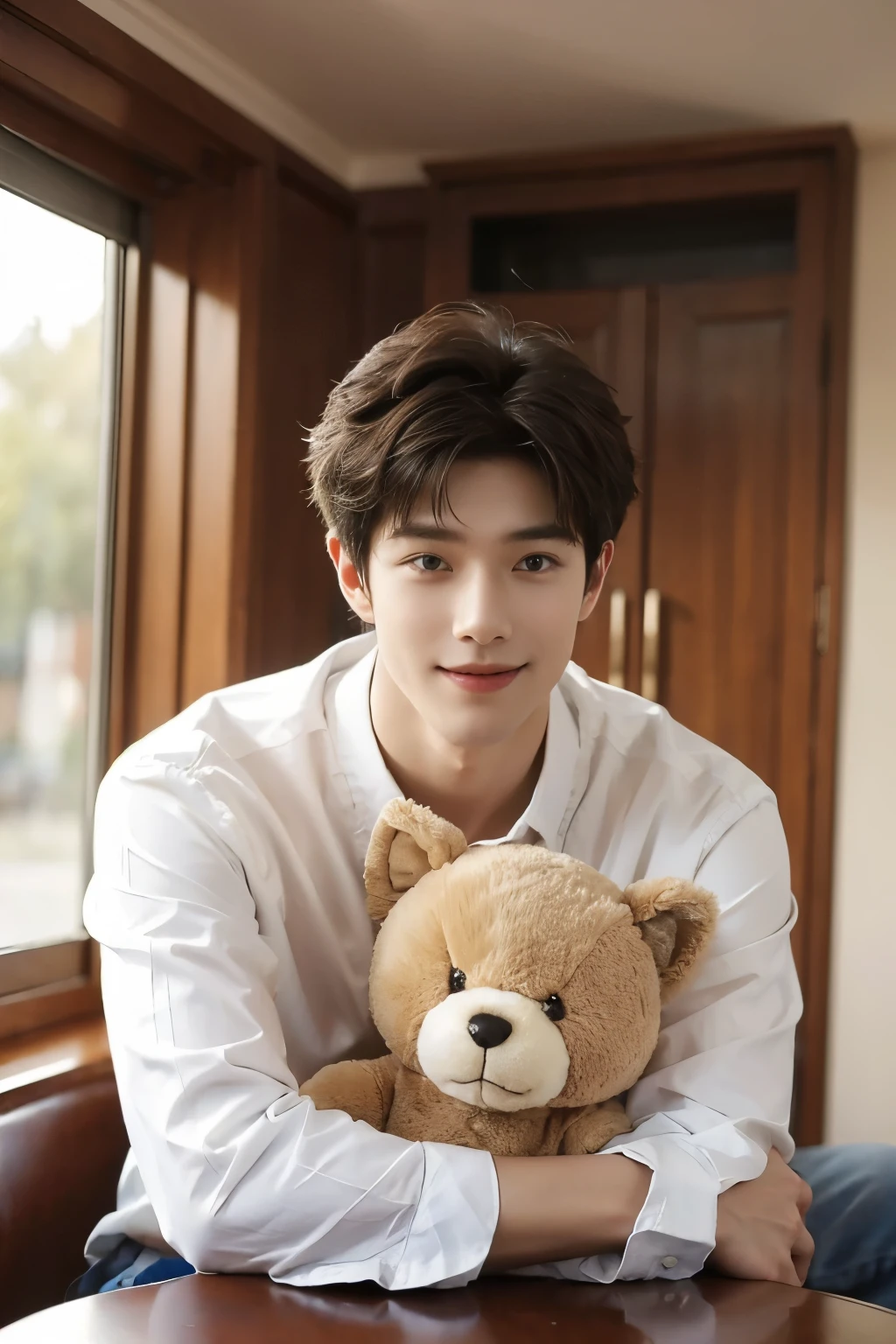 A handsome man in a gorgeously decorated room. highest quality, masterpiece, ultra high resolution 　Looking at me and smiling　cute stuffed animal