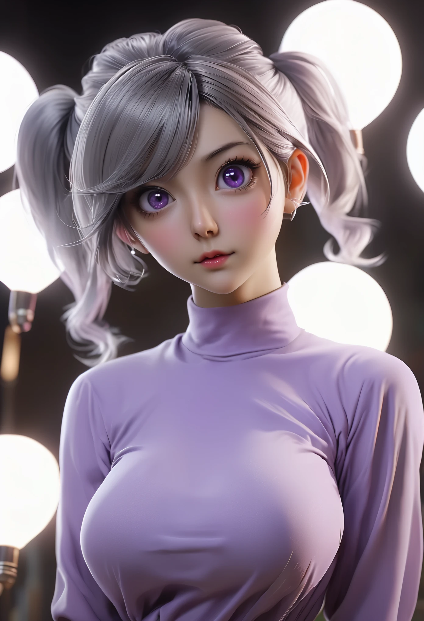 portrait of a lovely, 30 years old, gray hair, short ponytail,big eyes, plump breasts, Light purple jumpsuit, realism, ink,smudge, 4k, high detail,noise, additional, real picture, .PSD, Lamp film photography, sharp focus, contrast lighting, delicate skin, high resolution 8k, Crazy details, lifelike, Professional photography, 8K Ultra HD, soft light lighting, high quality, film grain, Fuji XT3,masterpiece,surreal,Super fine