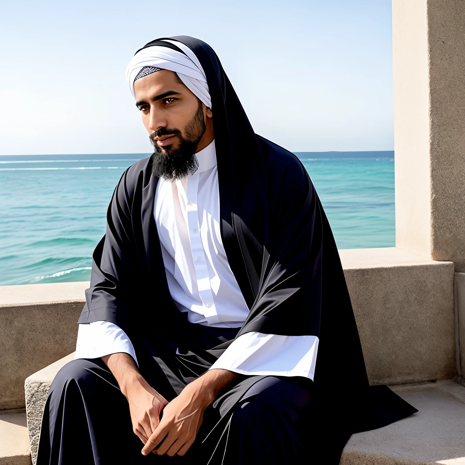 A Muslim man with a stern yet gentle expression, wearing traditional clothing such as a thobe and keffiyeh, sits in contemplative silence by the serene waterside. His intricately designed robe showcases the rich details of Middle Eastern art, the fabric possessing a subtle sheen under the midday sun. The man's face exhibits a realistic skin texture, with faint lines indicating wisdom and life experience. His deeply thoughtful eyes, reflecting the deep hues of the ocean and matched by the traditional embroidered pattern on his keffiyeh, convey a sense of peace and tranquility. These intricate details, captured in the highest quality (4k, best quality) image