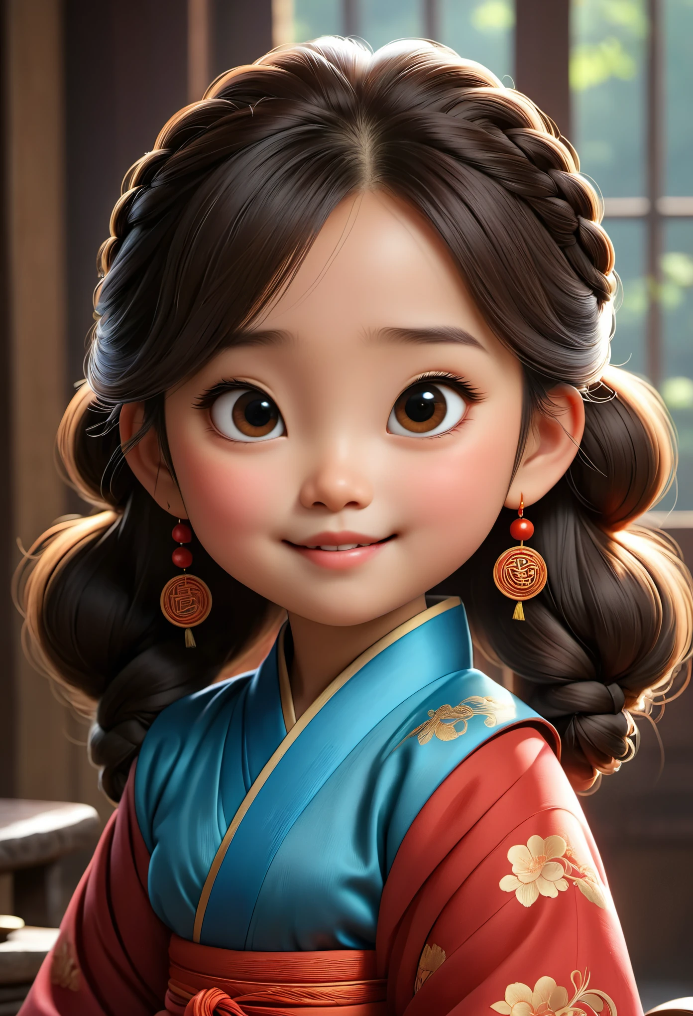 (masterpiece), (best quality), illustration, super detailed, high dynamic range, depth of field, (colorful), ,Xu Lingyin is an online novel《Da Bong beats more people》6  chubby girl，（being very happy），Ancient China，Upturned braided ball head，The face is very round，small mouth，Eyes narrowed to a slit，smiling，Looks coquettish，Cute personality，Innocent and adorable，Extremely gluttonous，Cartoon，comics，Pixar