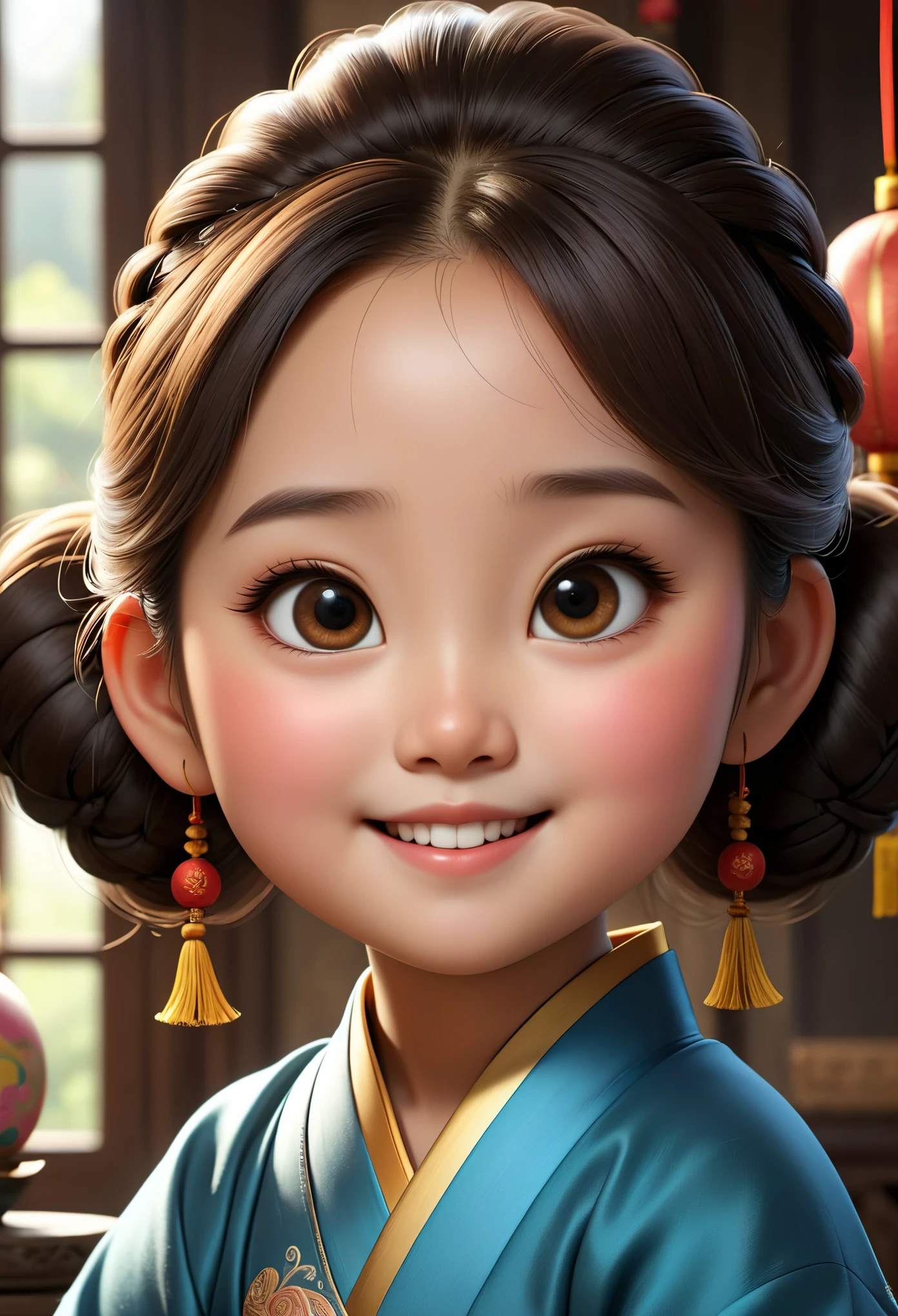 (masterpiece), (best quality), illustration, super detailed, high dynamic range, depth of field, (colorful), ,Xu Lingyin is an online novel《Da Bong beats more people》6  chubby girl，（being very happy），Ancient China，Upturned braided ball head，The face is very round，small mouth，Eyes narrowed to a slit，smiling，Looks coquettish，Cute personality，Innocent and adorable，Extremely gluttonous，Cartoon，comics，Pixar