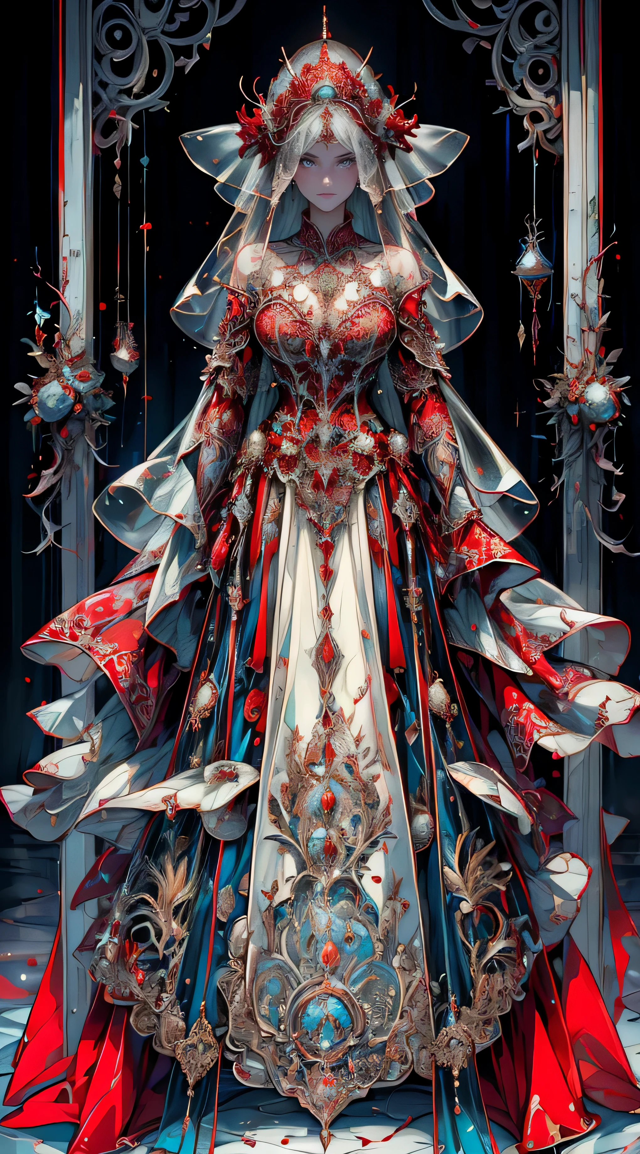 "(best quality,high resolution,masterpiece:1.2),ghost bride,jellyfish,Red traditional wedding dress,fiery veil,glowing ghost fire,merged with jellyfish structure,scary,jellyfish details,Super detailed,Physically based rendering,delicate eyes,lifelike hair,translucent veils,bright colors,fear"