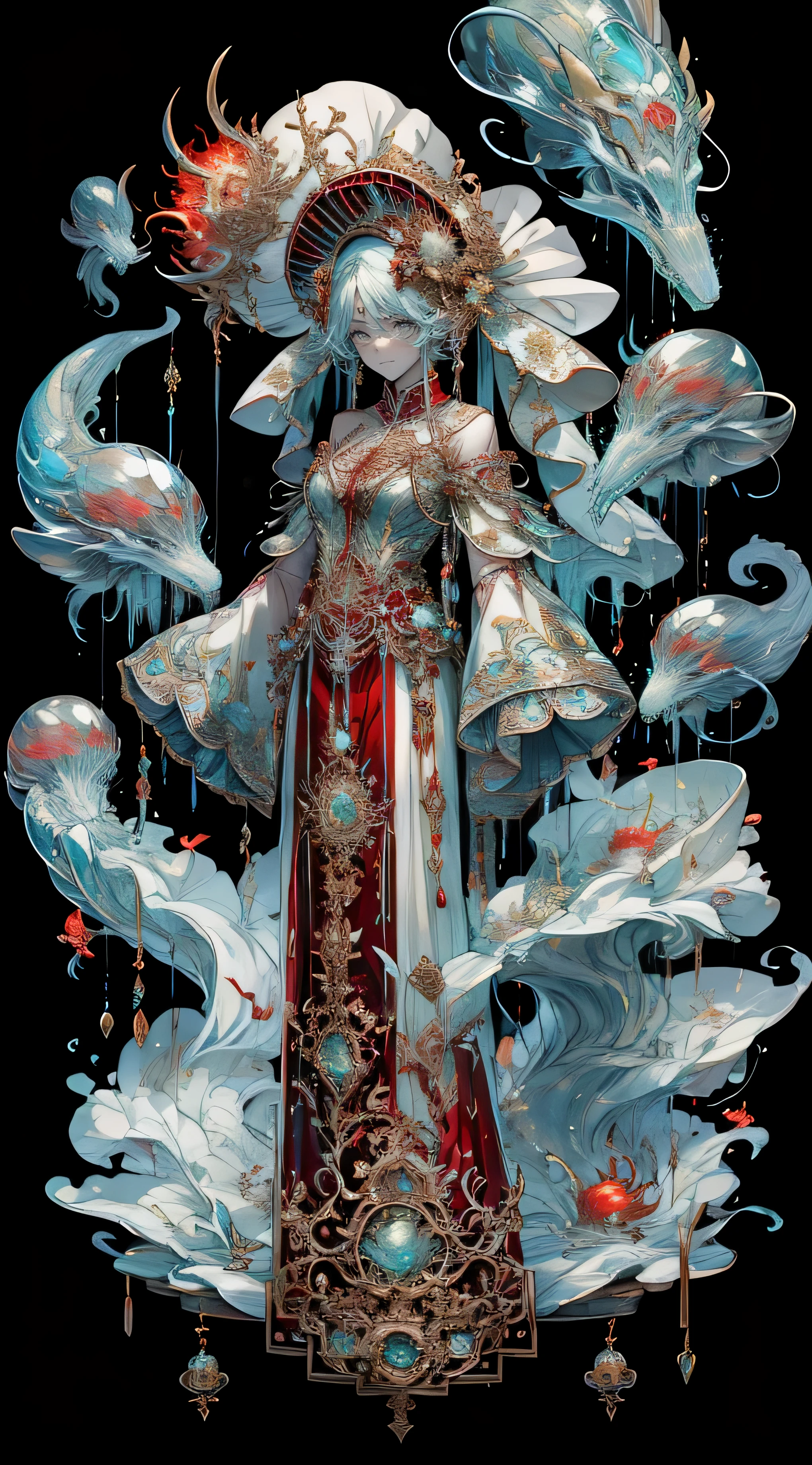 ghost bridejellyfish，ghost bride，jellyfish，Wearing red kimono，The head is covered with a fiery red veil，Exuding a touch of will&#39;- Fireflies，与jellyfish结合，身上有透明的jellyfish结构，Fear，jellyfish结构，HD，Ultra-clear，ghost bride