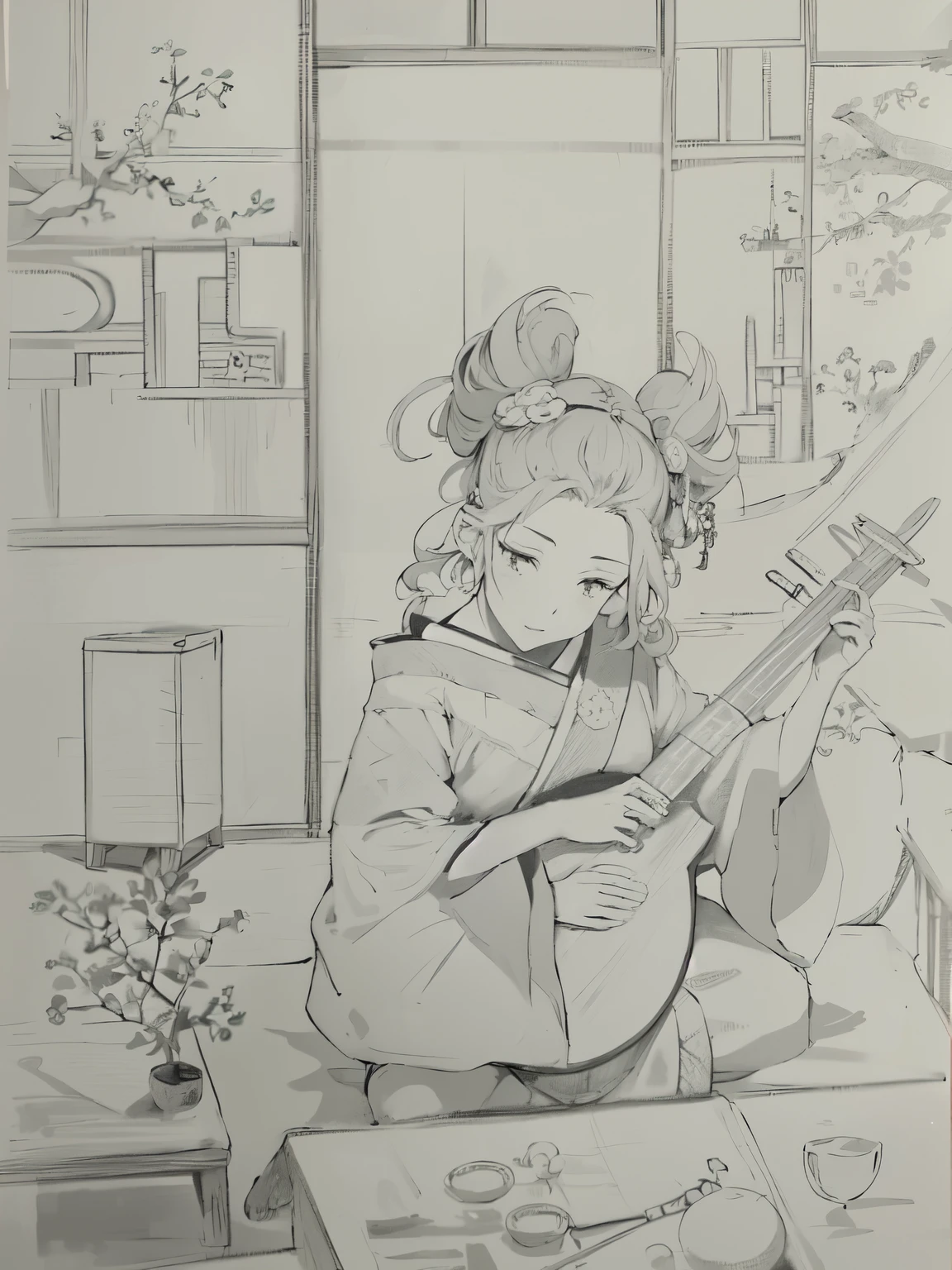 drawing of a woman playing a musical instrument in a living room, inspired by Goyō Hashiguchi, is playing a lute, inspired by Tawaraya Sōtatsu, inspired by Kikuchi Yōsai, inspired by Koryusai Isoda, inspired by Ryūkōsai Jokei