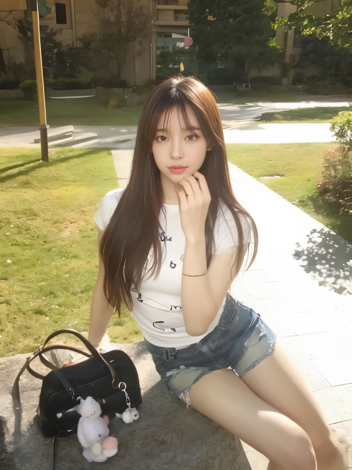 Araf girl sitting on the bench,Hands holding handbag and stuffed animal, korean girl, Urzan, Beautiful young Korean woman, beautiful korean woman, sakimicchan, Beautiful young Korean woman, young cute girl, Larissa Manobar, hot,sunny, jinyoung shin, Xintong Chen, xision wu, zmenzheng