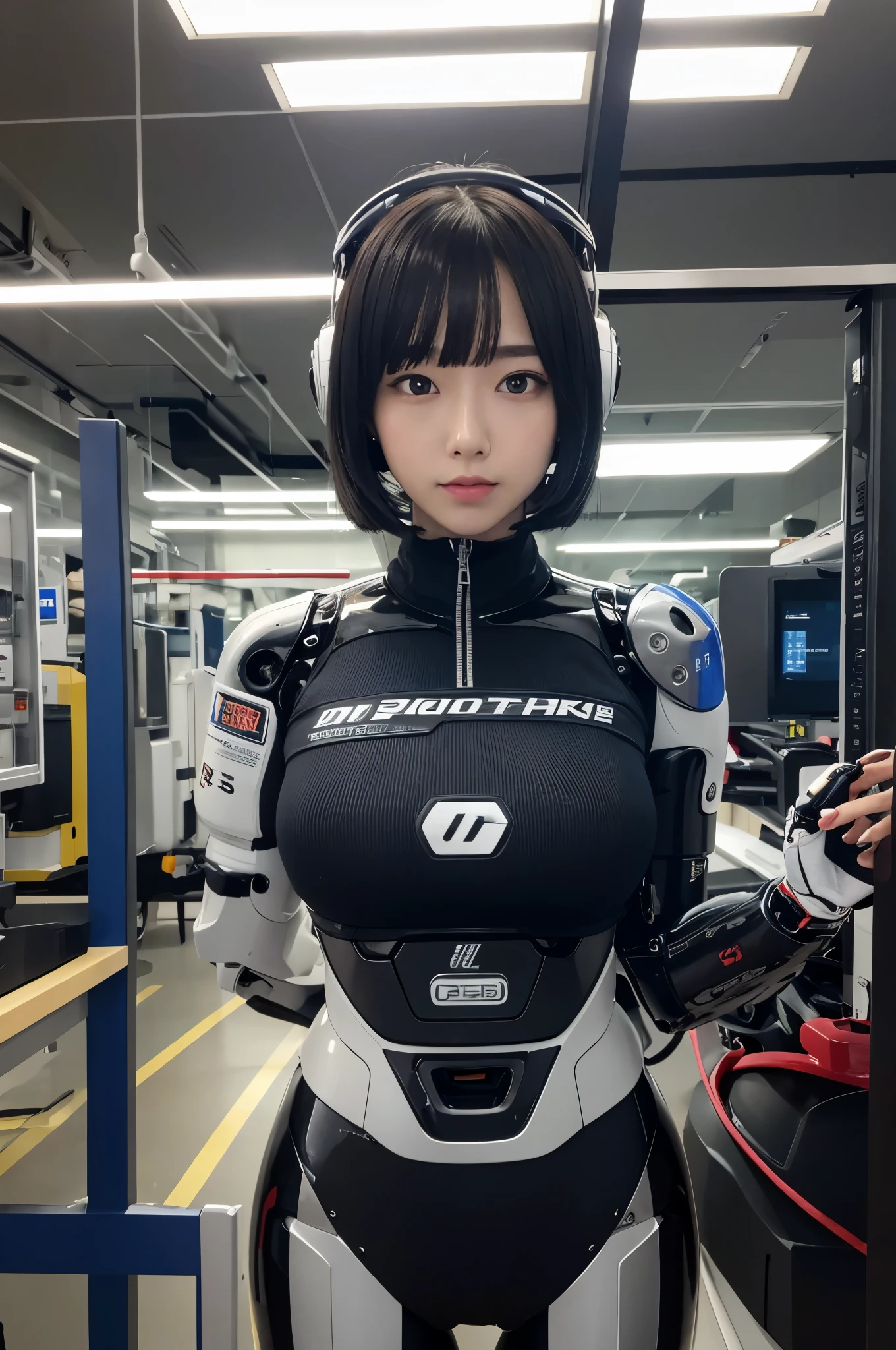 masterpiece, best quality, extremely detailed, Japaese android girl,Plump ,control panels,android,Droid,Mechanical Hand, Robot arms and legs,Blunt bangs,perfect robot girl,long tube,thick cable connected her neck,android,robot,humanoid,cyborg,japanese cyborg girl ,robot-assembly plant,She has assembled now,assembly scene,chest monitor,blue eyes