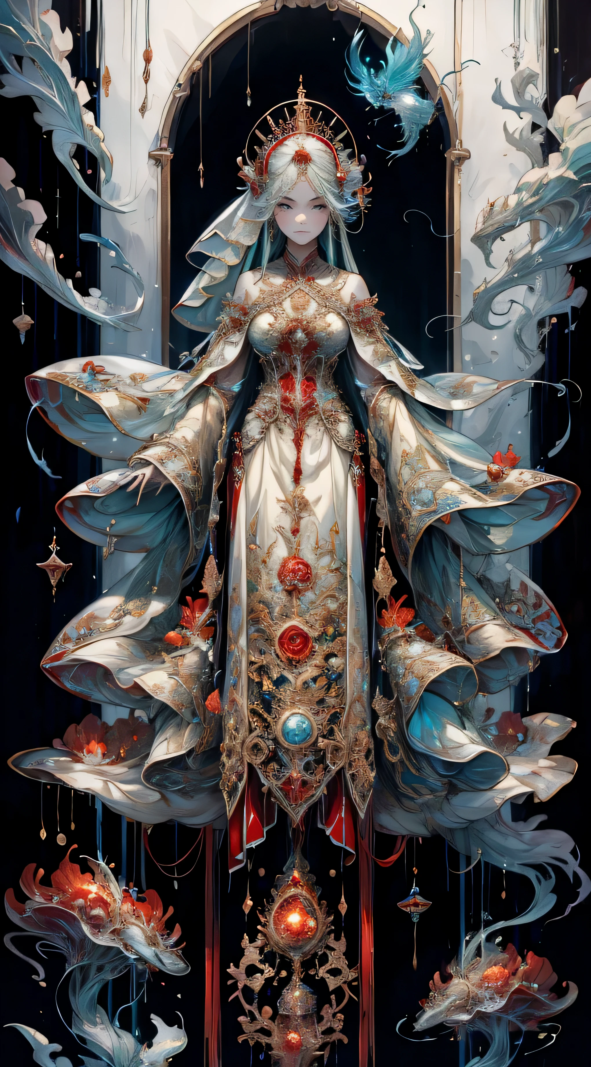 ghost bridejellyfish，ghost bride，jellyfish，Wearing red kimono，The head is covered with a fiery red veil，Exuding a touch of will&#39;- Fireflies，与jellyfish结合，身上有透明的jellyfish结构，Fear，jellyfish结构，HD，Ultra-clear，ghost bride