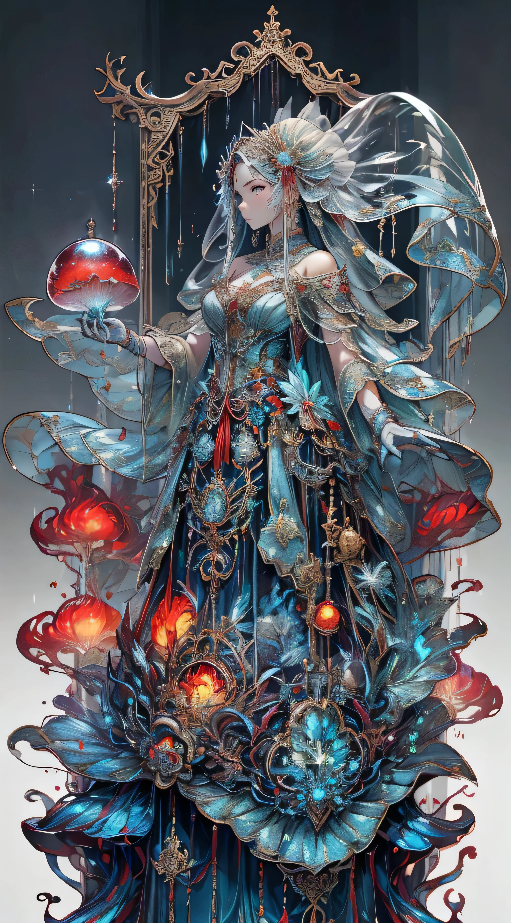 火焰ghost bridejellyfish，ghost bride，jellyfish，Wearing red kimono，The head is covered with a fiery red veil，Exuding a touch of will&#39;- Fireflies，与jellyfish结合，身上有透明的jellyfish结构，Fear，jellyfish结构，HD，Ultra-clear，ghost bride