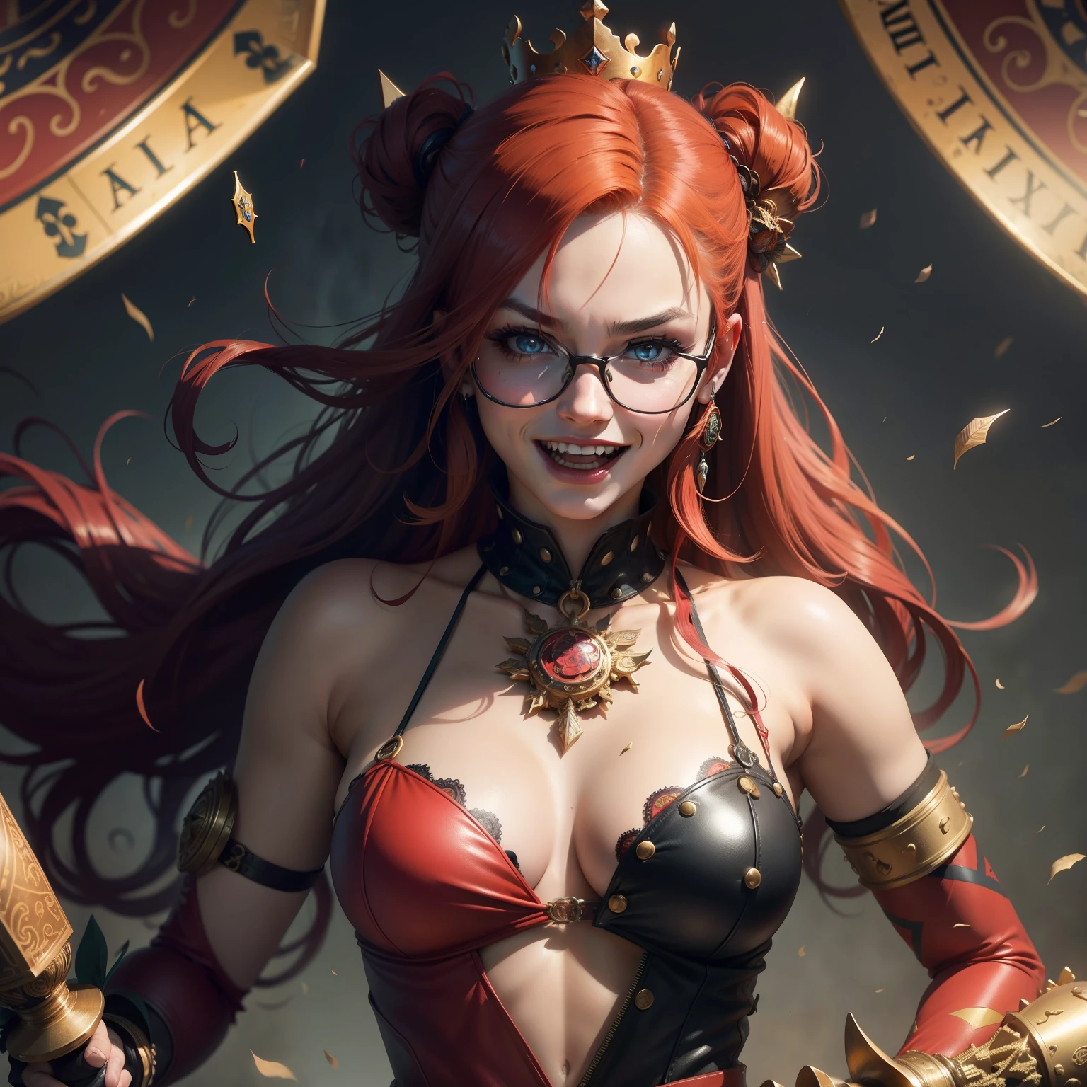 urgent, colorful environment, representing the passing of time with each month revealing a different, alluring expression. Her crown is made of intricate, gold gears and her scepter, a long, ornate quill, symbolizing the power to record and mark the passing moments.
Harley Quinn: A vibrant, chaotic image of the iconic Harley Quinn wearing her classic red and black jester suit, accessorized with a baseball bat and mallet. Her long, wild, red hair frames her mischievous face, full of expression and laughter. The background is filled with anarchy and chaos, embodying her unpredictable nature.
, grande c