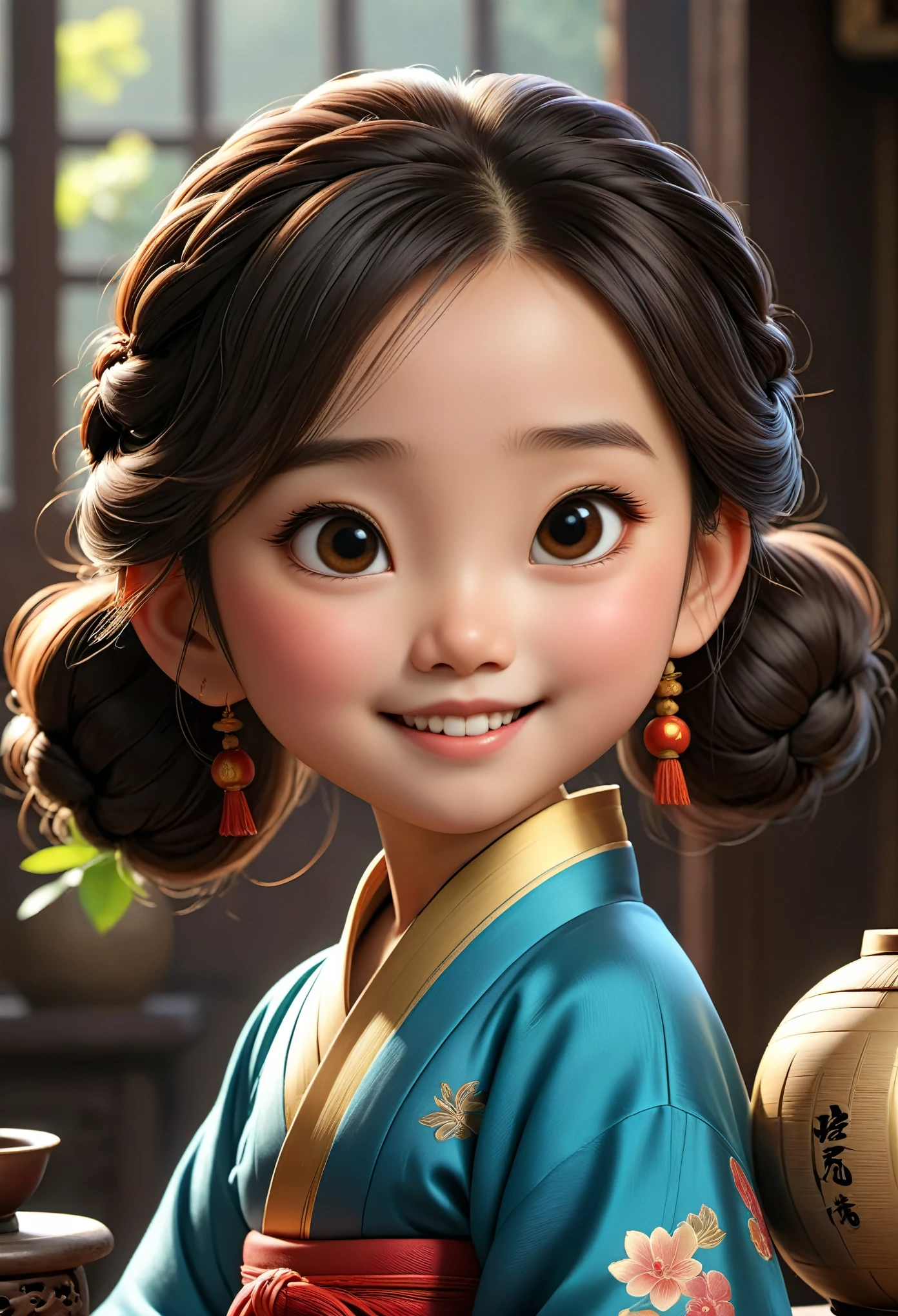 (masterpiece), (best quality), illustration, super detailed, high dynamic range, depth of field, (colorful), ,Xu Lingyin is an online novel《Da Bong beats more people》6 year old chubby girl，（being very happy），Ancient China，Upturned braided ball head，The face is very round，small mouth，Eyes narrowed to a slit，smiling，Looks coquettish，Cute personality，Innocent and adorable，Extremely gluttonous，Cartoon，comics，Pixar