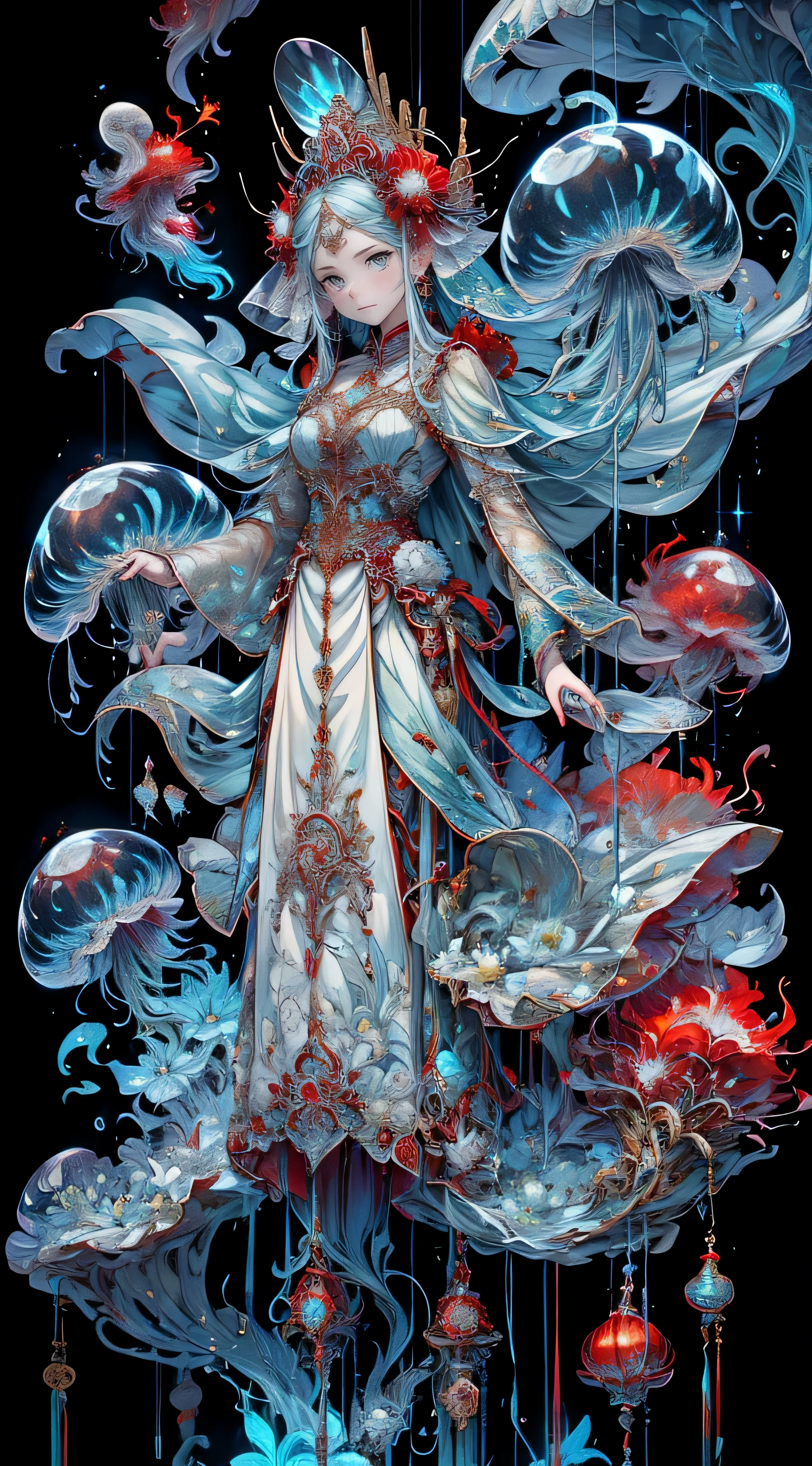 火焰ghost bridejellyfish，ghost bride，jellyfish，Wearing red kimono，The head is covered with a fiery red veil，Exuding a touch of will&#39;- Fireflies，与jellyfish结合，身上有透明的jellyfish结构，Fear，jellyfish结构，HD，Ultra-clear，ghost bride