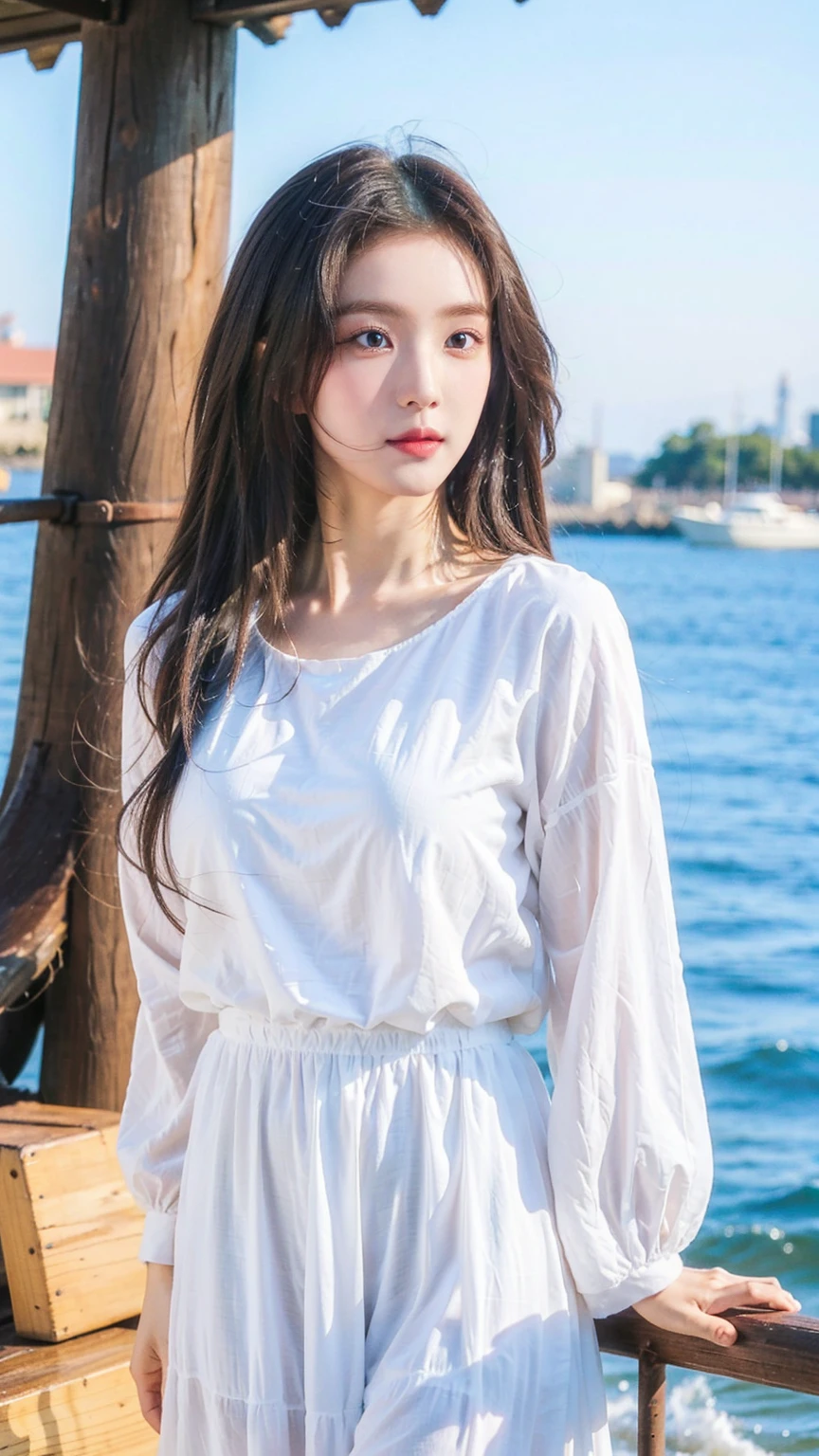 Beautiful view of the divided coast,Girl in charming nautical costume,white skirt,(eyes with brightness,Sun-kissed skin,Carefree expression),beach sand background,lighthouse,Gentle sea breeze,playful pose,composition,Golden hour lighting,vague background,rich colours,finely detailled,hyper realisitc,50mm lens,Lighthearted atmosphere。Portrait Photogram,35mm film,natural blurry