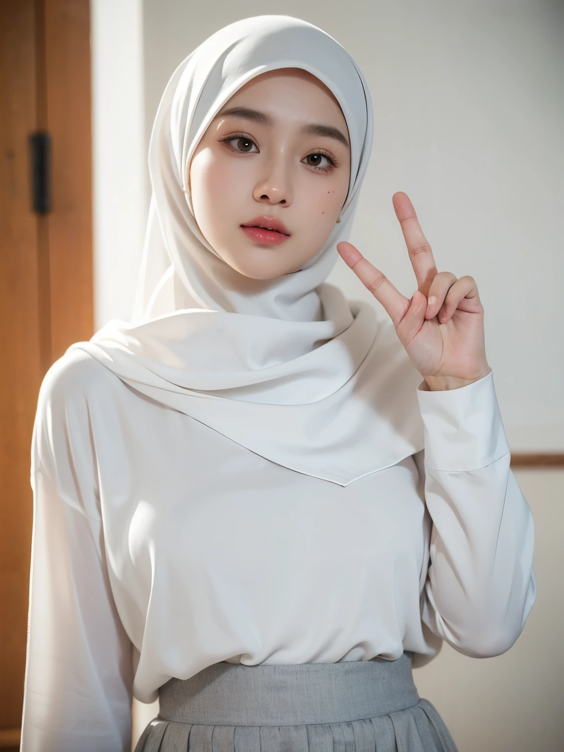 masterpiece, best quality, 8k, 85mm portrait, absurdres, beautiful girl, (upper body:1.4), cute, street,white shirt, (white shirt, long sleeve,grey skirt, plain skirt, grey tie:1.2),(head covered hijab, islamic hijab, white hijab:1.1,silk clothes) shoulder covered,(Indonesia, jakarta:0.7), natural makeup,ulzzang,, perspective, depth of field, ultra realistic, highres, photography, sharp focus,,HDR, facelight, dynamic lighting, highest detailed, extreme detailed, ultra detailed, finely detail, real skin, delicate facial features,v sign,finger v,classroom,