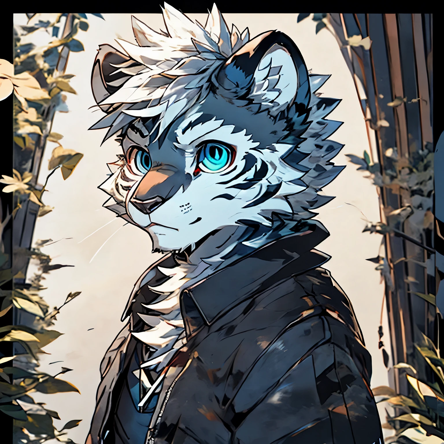 hairy(white tiger,male)Robust body,puffy breasts,Black briefs,Blue Square Crystal Necklace,blue pupils,black and white stripes,thick stripes,white hair,beard