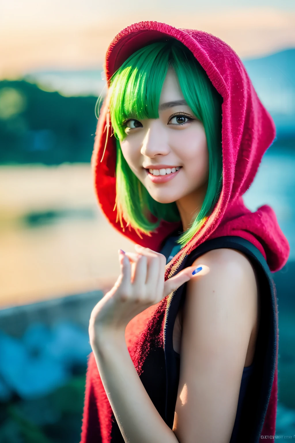 1 girl, (rainbow colored hair, colorful hair, half green and half pink hair: 1.2), 17 years old, green_null, have a magic wand, summer (Oceansupon), petal_upon_liquid, black cloak with hood, red and black torn dress, skirt: 1.2, (gold lupong curly hair: 1.5), null, outdoors, cloud, bangs, smile, null green eyes, bare shoulders, perfect hands, hand details, repaired finger. earrings, Ocean + background, looking for_in_viewer, cowboy shot, highest quality, Rich details, perfect image quality, sunrise