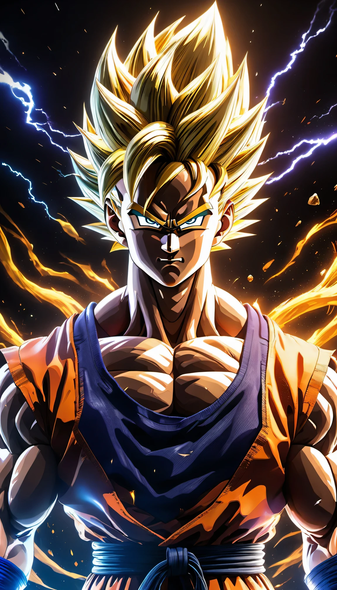 (best quality,4k,8k,high resolution,masterpiece:1.2),Super detailed,(actual,photoactual,photo-actual:1.37),illustration,[Dragon Ball Z] figure, bright colors, dynamic perspective, Working posture, intense energy, glowing halo, Martial arts training, power level, Super Saiyan transformation, energy explosion, epic battle scenes, power beam, Iconic Anime Hairstyles, 肌肉发达的figure, floating debris, Powerful punches and kicks, intense facial expressions, gas control, starry sky background, strategic combat stance, dragon pattern, Special effect, Iconic clothing and accessories, exciting atmosphere, dramatic lighting