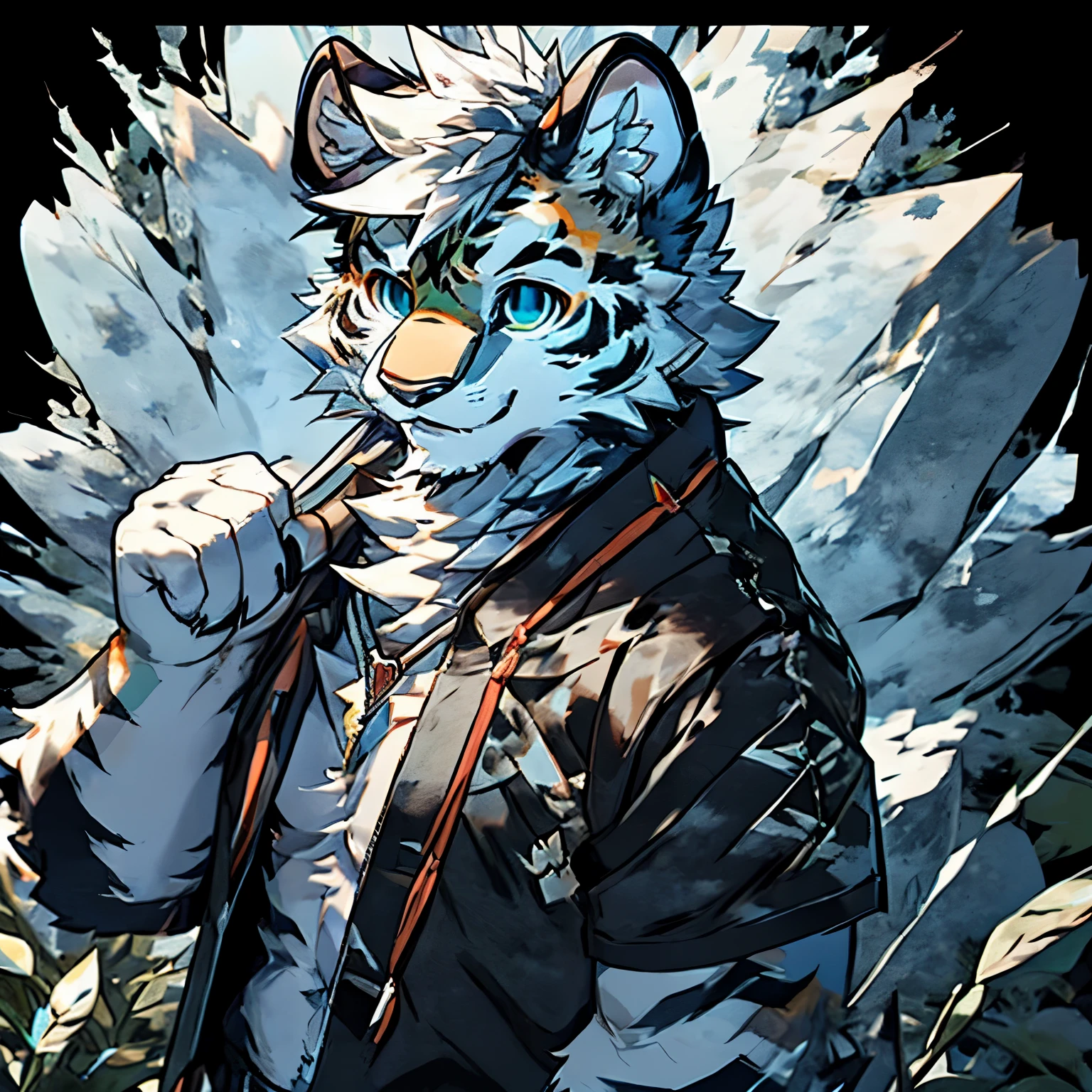 hairy（white tiger，male）Robust body，puffy breasts，Black briefs，Blue Square Crystal Necklace，blue pupils，black and white stripes，thick stripes，white hair，beard