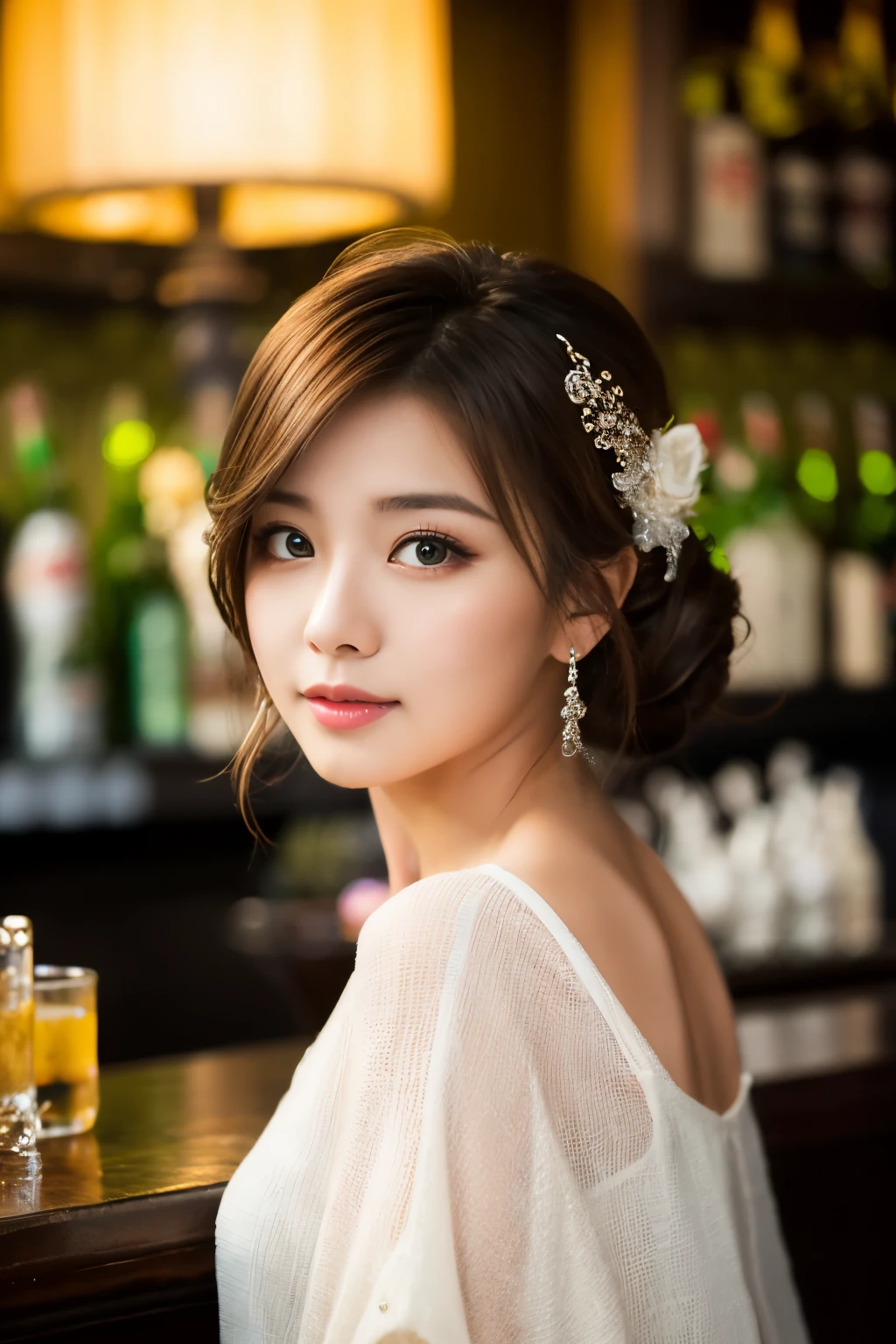 portrait photo of ブリットベイカー beautiful woman hair updo upsweep nightclub sitting at bar (masterpiece) (highest quality) (be familiar with) (8k) (HDR) (wallpaper) (cinematic lighting) (sharp focus) (Complex)
