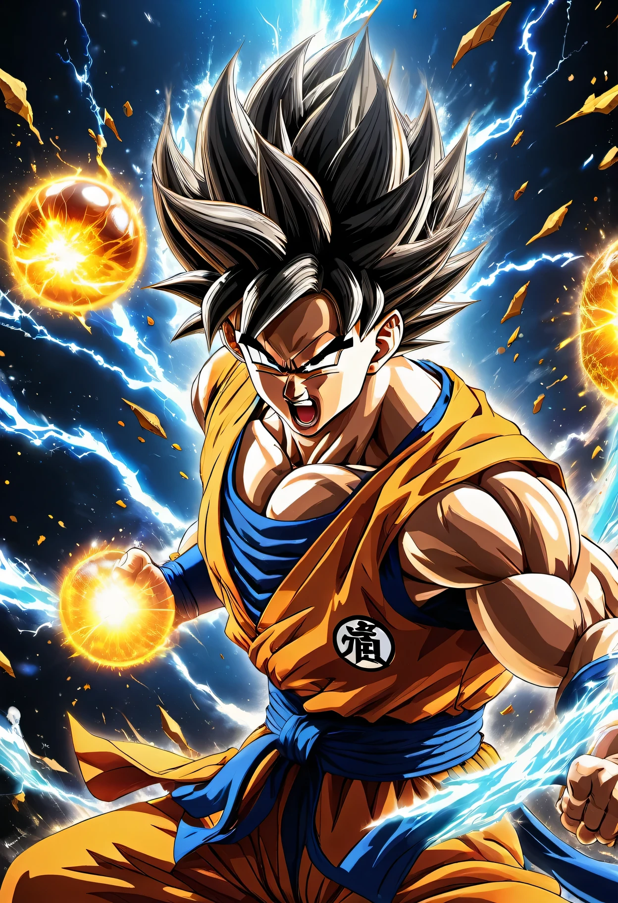 (best quality,4k,8k,high resolution,masterpiece:1.2),Super detailed,(actual,photoactual,photo-actual:1.37),illustration,[Dragon Ball Z] figure, bright colors, dynamic perspective, Working posture, intense energy, glowing halo, Martial arts training, power level, Super Saiyan transformation, energy explosion, epic battle scenes, power beam, Iconic Anime Hairstyles, 肌肉发达的figure, floating debris, Powerful punches and kicks, intense facial expressions, gas control, starry sky background, strategic combat stance, dragon pattern, Special effect, Iconic clothing and accessories, exciting atmosphere, dramatic lighting