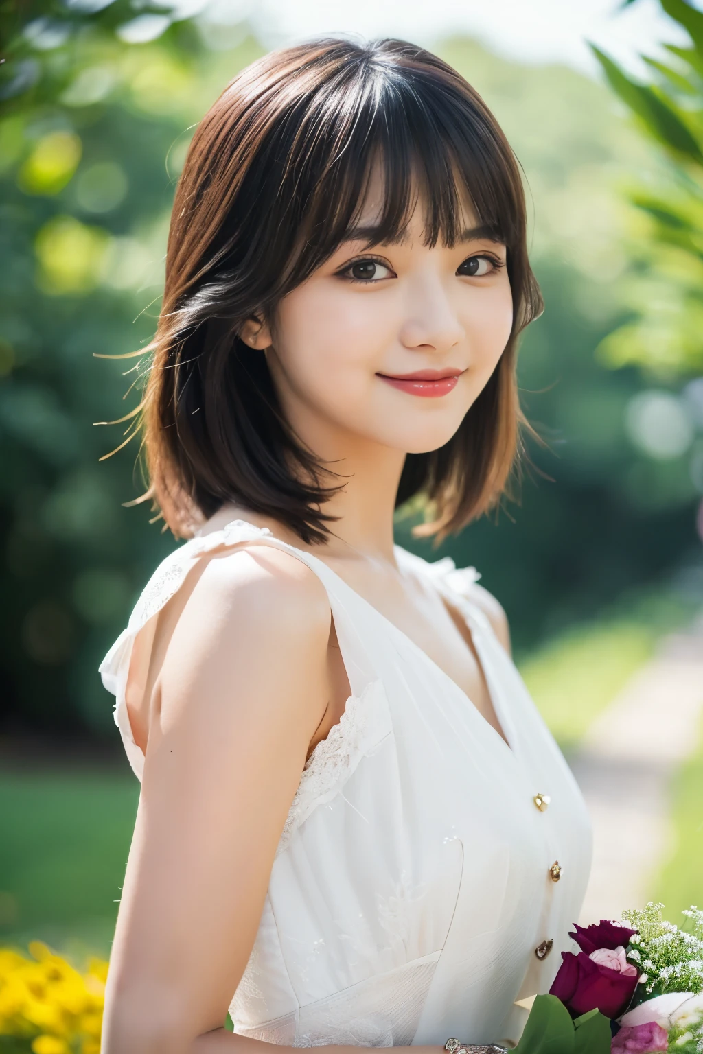 medium view, medium shot, Depth of the bounds written, bust, Upper body, cinematic angle, masterpiece, highest quality, Super detailed, CG, 8k wallpaper, beautiful face, delicate eyes, maiden, alone, smile, bangs, skirt, shirt, have, dress, bow, petal, bouquet