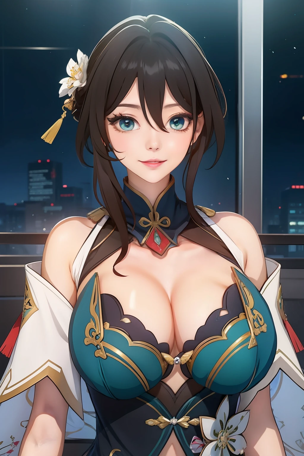 An anime-style artwork depicting ruan mei from the game Honkai star rail.

Tags: ruan mei, anime, detailed eyes, detailed lips, green hair, dress, smiling expression, intense gaze, glowing emblem on hand, dynamic pose, mystical background, vibrant colors, digital art, high-resolution, professional quality, gigantic breasts, cleavage, huge tits.