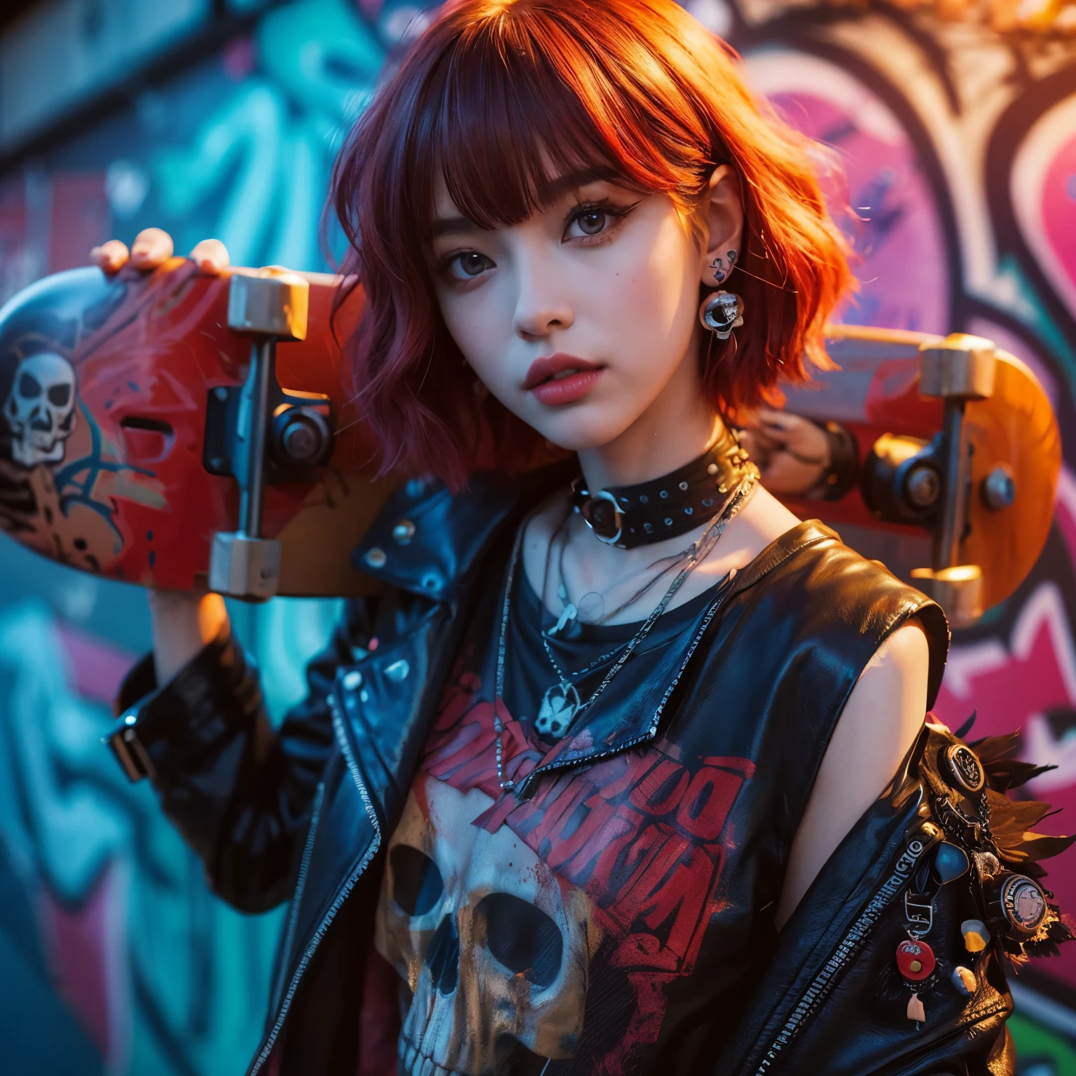 (((hyper realistic photo))) (((textile shading))) (((Best Quality))) (((masterpiece))) japanese sassy girl, short style red wavy hair, ((with bangs, gorgeous hair)) blue eyes (((punk skate girl, skull ripped t-shirts, leather jacket, y2k ripped shorts))), ((striking a pose)), (gorgeous, sassy, it girl), fancy piercing jewelry, holding a skateboard with striking artworks, stylishly posing in graffiti-covered walls neon light bokeh, shoot with hasselblad, medium format, 16K
