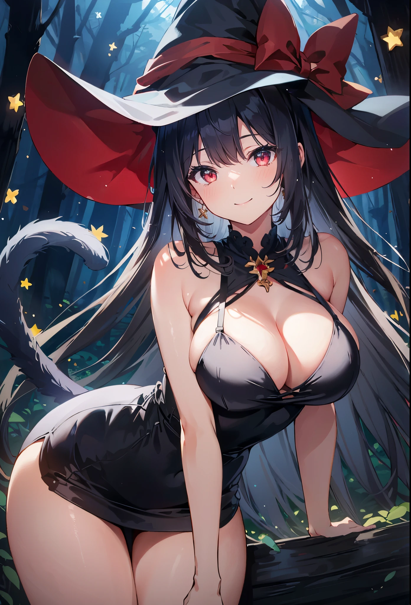 high quality, ultra detailed, best quality, insanely detailed, beautiful, masterpiece, 1girl, solo, illustration, night forest, particle lights, cowboy shot, looking at viewer, red eyes, long hair, bangs, black hair, witch, witch hat, bodycon dress, cat tail, large breasts, cleavage, thighs, closed mouth, smile, blush