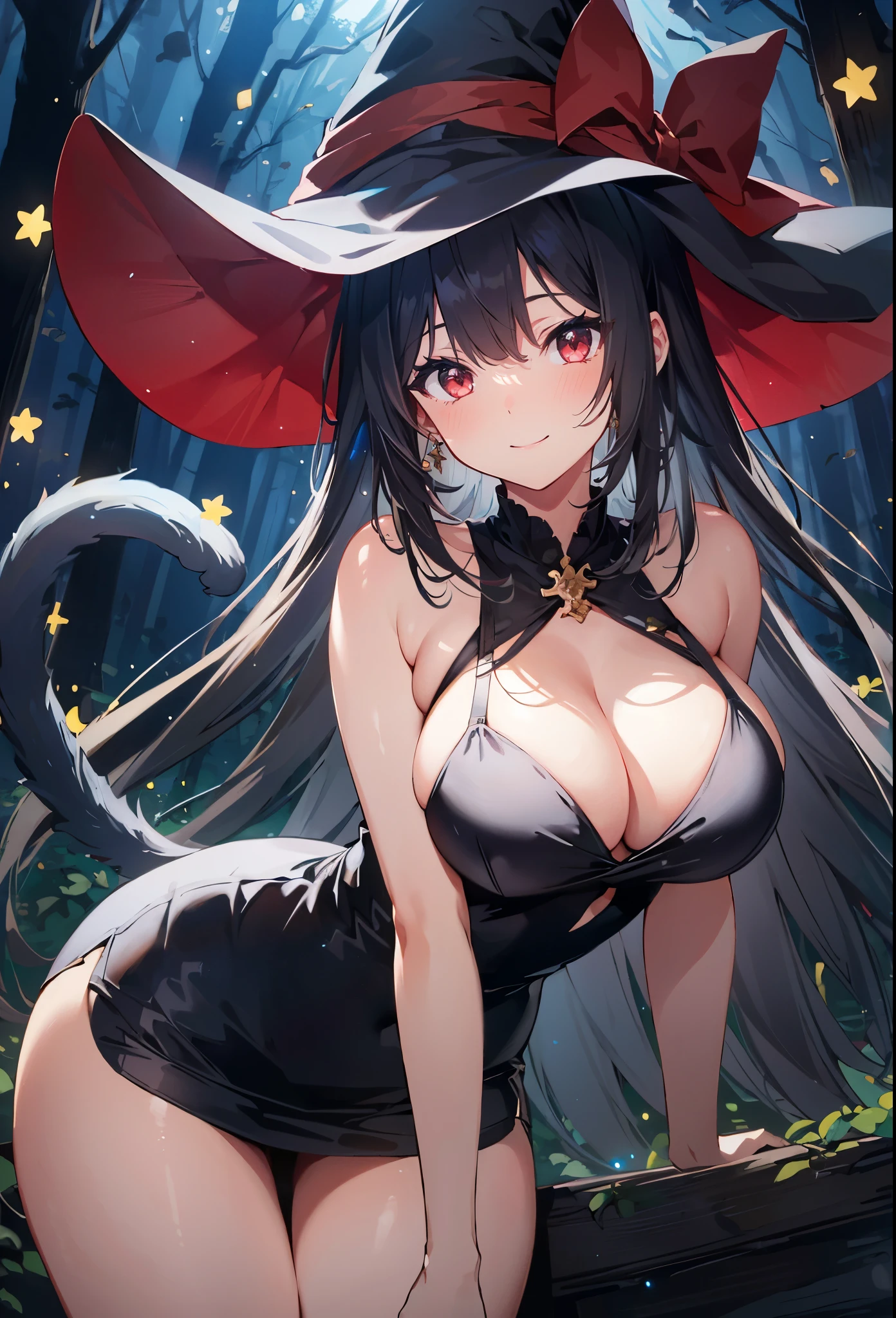 high quality, ultra detailed, best quality, insanely detailed, beautiful, masterpiece, 1girl, solo, illustration, night forest, particle lights, cowboy shot, looking at viewer, red eyes, long hair, bangs, black hair, witch, witch hat, bodycon dress, cat tail, large breasts, cleavage, thighs, closed mouth, smile, blush