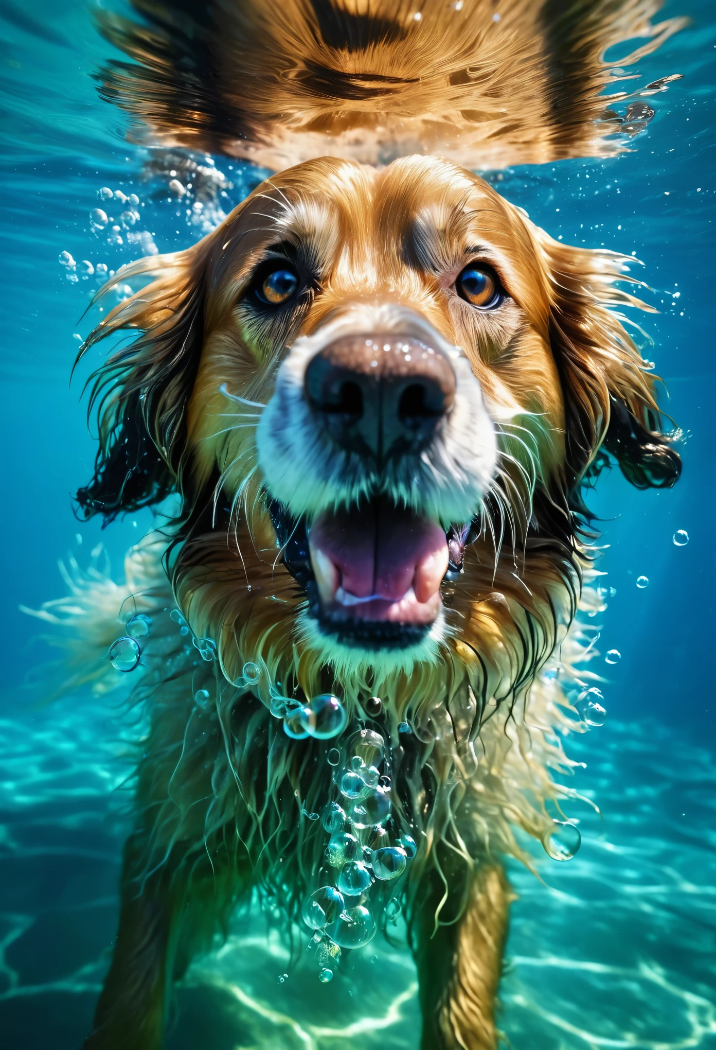 Swimming long hairy dog, underwater, diving, bubbles, high quality, depth of field, ultra detailed photo
