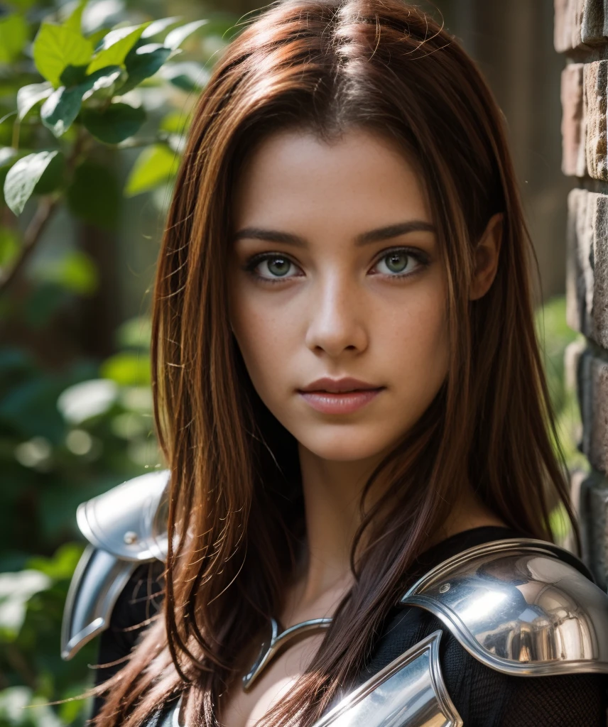 Masterpiece, a beautiful female elf knight (Piper Fawn), bright eyes, black hair, broad shoulders, strong body, high detail pale skin with light freckles, high detail armor, outside, (skin texture:1.1), best quality, ultra high res, Raw photo, Nikon D850, backlight, rimlight, bright sunlight, film grain:1.2, (warm hue, warm tone:1.2), (color photo), fantasy landscape background, fullbodyview