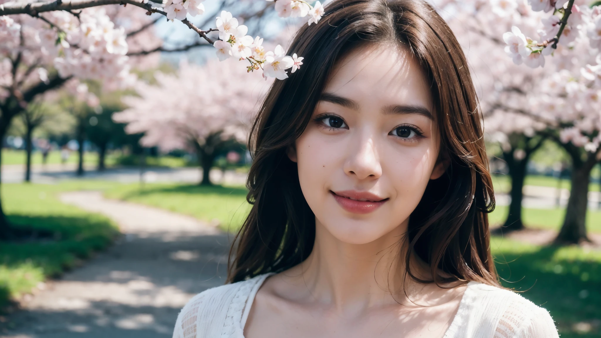 masterpiece, Best Quality, Photorealistic, Ultra-detailed, finely detailed, High resolution, 8K Wallpaper, 1 beautiful woman, light brown hair, sharp focus, Perfect dynamic composition, Beautiful detailed eyes, detailed hairs, Detailed realistic skin texture, Smiling, portrait, Model body type, Take a walk in the park with cherry blossoms and Fuji Mountain background,