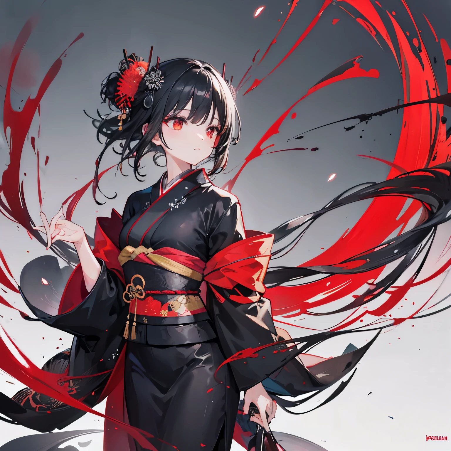 A black-haired woman wearing a black kimono with red spider lilies