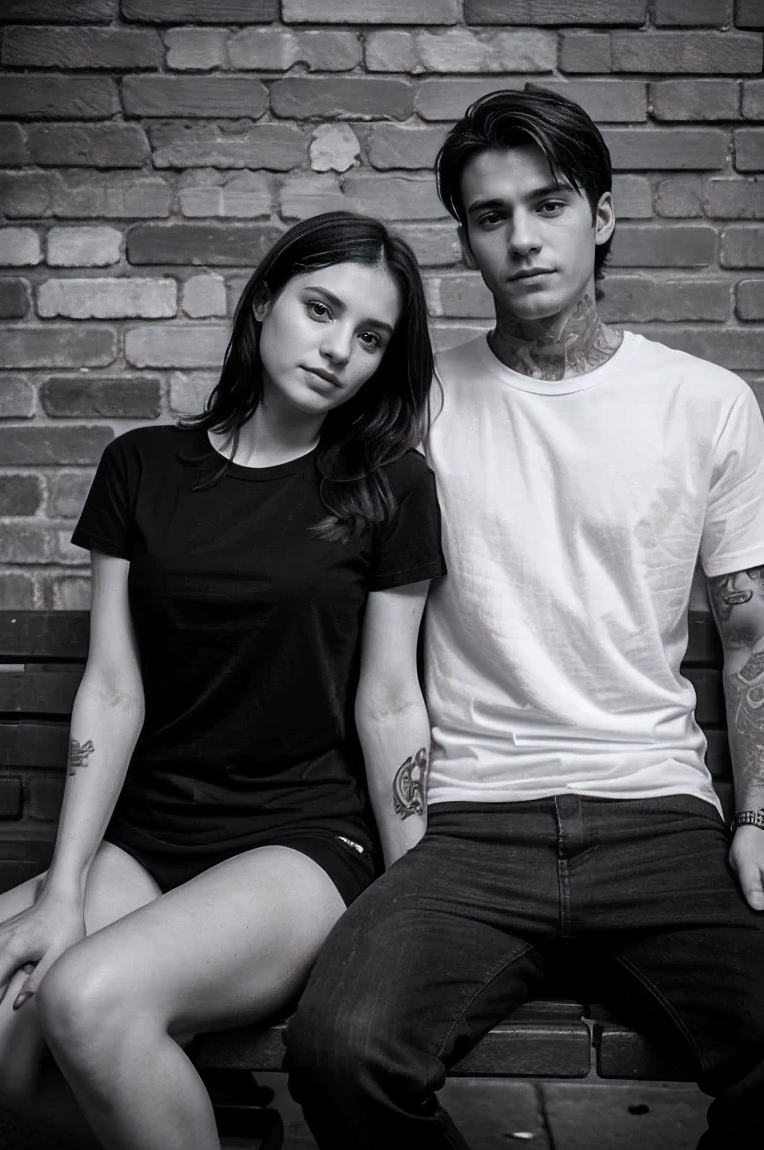 Please create 2 people 30 years or older., un chico y una chica sentados en un banco ,en estilo modelo con un espacio en blanco de estilo oversize sin impresiones ,black and white t-shirt on a photo background of brick walls . con algunos tatuajes minimalistas geniales en los brazos., quiero la foto en blanco y negro. por favor use el mismo tema para las fotos. Pay extreme attention to the details of the skin.