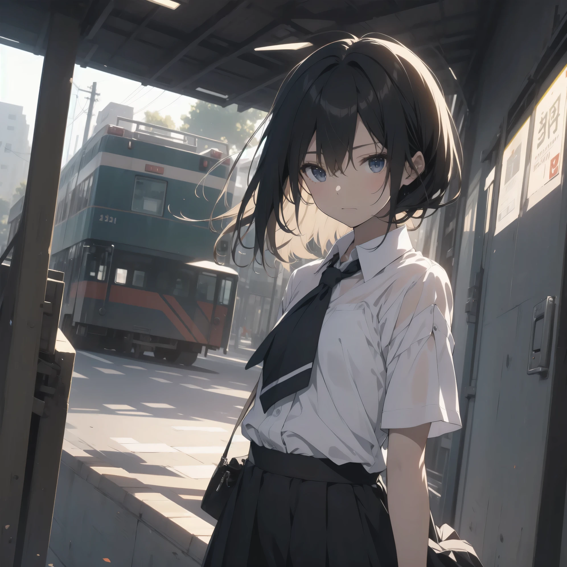 Super absurd quality by the god of art, super detailed, High resolution, anime moe art style, Best Anime 8K Kona-chan Wallpaper, pixiv contest winner, perfect anatomy, break,(眠そうにalone学校へ行く女の子を描いてください. )break,1 girl, (alone,little woman, cute face, 13 years old:1.3),All limbs, full finger,, The charm of an immature body, (very_short hair), Bang, flat chest, small ass, between legs, small black eyes, detailed and beautiful eyes, Well-proportioned iris and pupils, expressive eyes, High resolutionの詳細な髪, neck ribbon, shirt, collared shirt, skirt, pleated skirt, school uniform, (detailed lighting), (detailed background), On the way to school. break,super dense skin, Best cinematic lighting powered by famous artist, 8k,Beauty Illustration,photoshop_(Moderate),Absurd Hi-Res,Hmm,rough skin,break,((artist:shinkai makoto)), artist:Fujichoko,artist:Yamamoto_Soichiro,artist:hanekoto