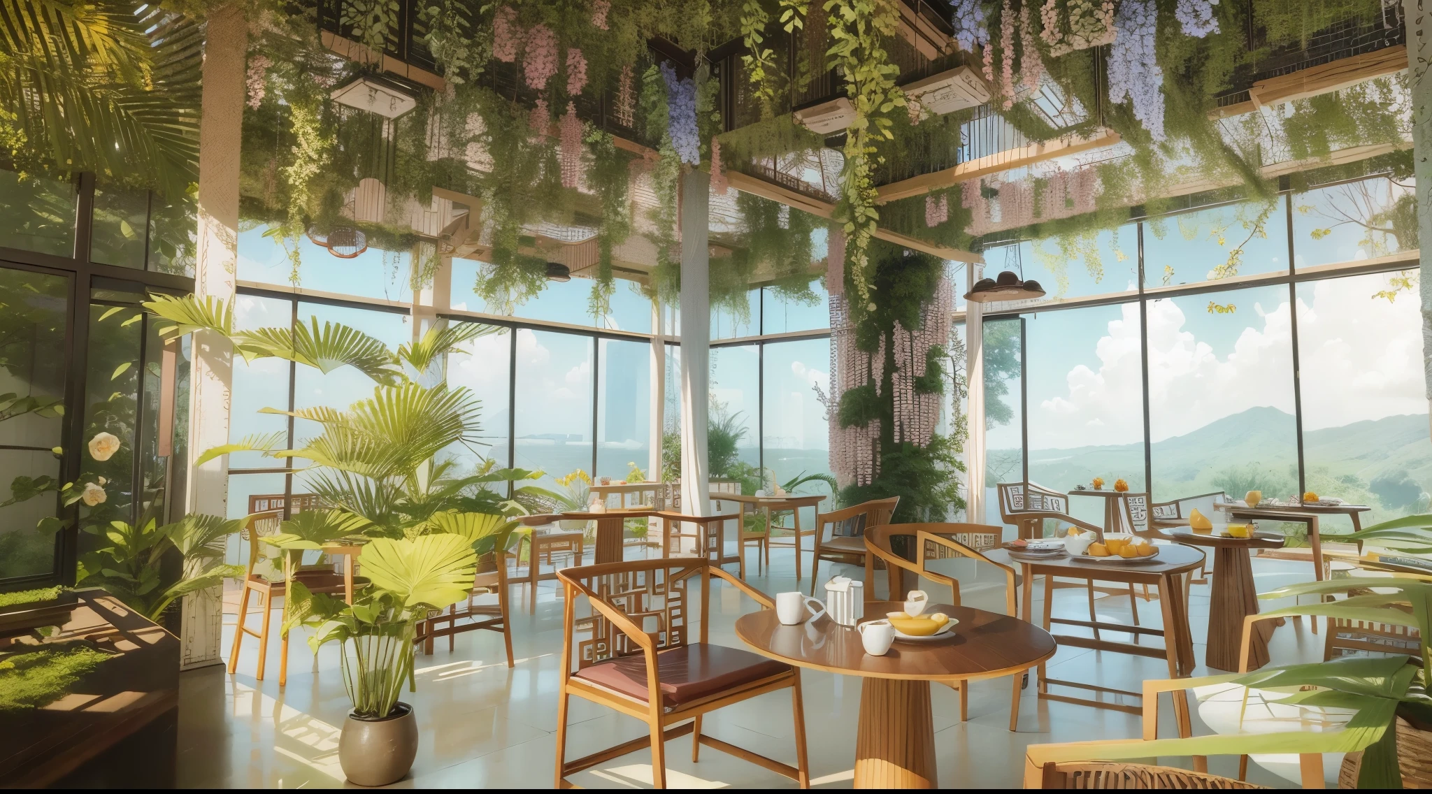 Design Chinese Dining Room Interior Rendering, (Best Quality, High Resolution), (Bright, Vibrant Colors), (Meticulous, Realistic), Hanging Flowers and Plants, Transparent Glass Walls, Open Greenery Around the Table, ((Chinese Furniture)), (Chinese Furniture), Natural Light, Sunlight, Dead Tree Trunks, Leaves, Flower Arrangements, Warm Tones reminiscent of the Diagonal Tracking Style of V-Ray, Ultra-High-Definition, Epic Details