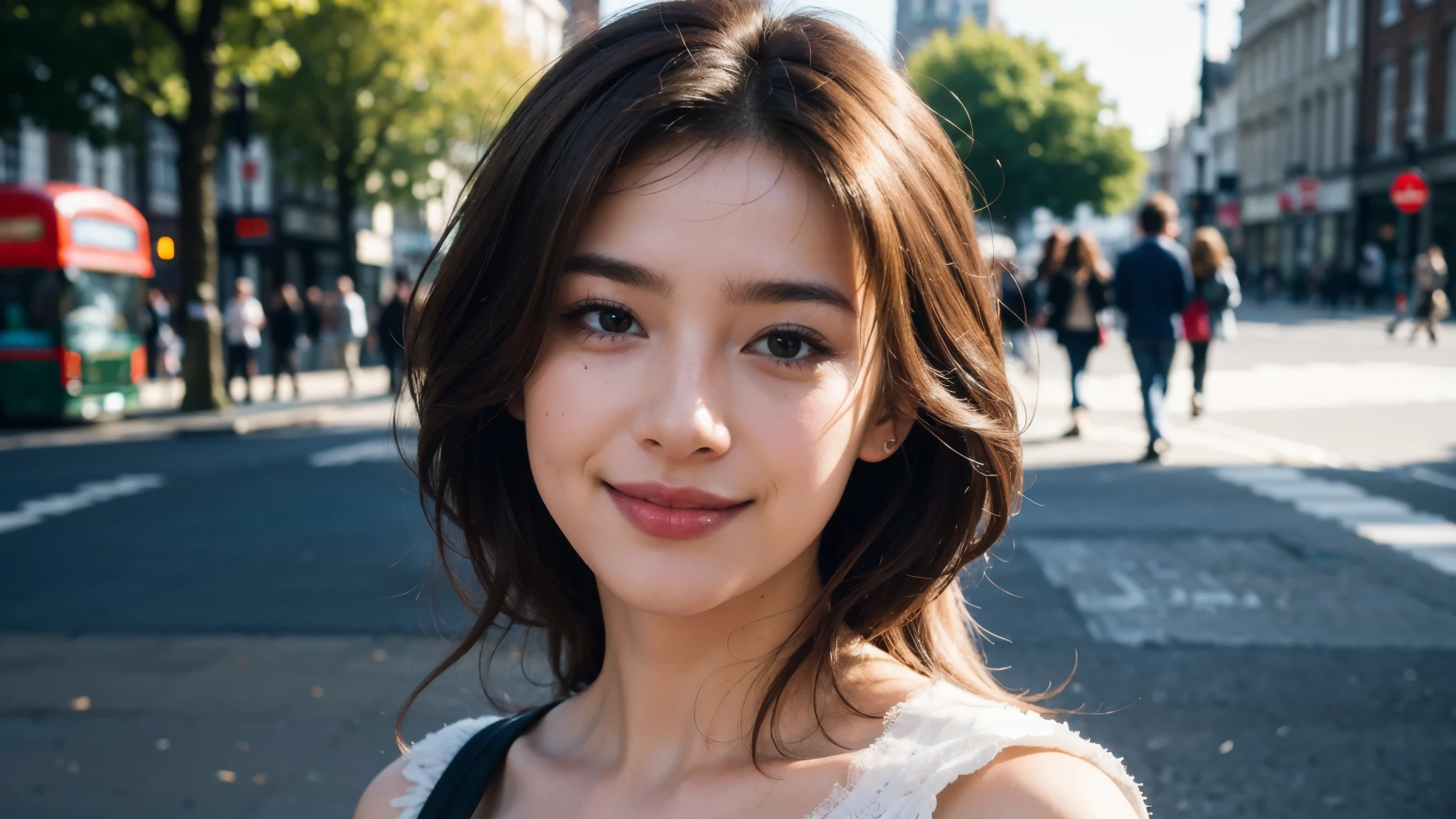masterpiece, Best Quality, Photorealistic, Ultra-detailed, finely detailed, High resolution, 8K Wallpaper, 1 beautiful woman, light brown hair, sharp focus, Perfect dynamic composition, Beautiful detailed eyes, detailed hairs, Detailed realistic skin texture, Smiling, portrait, Model body type, Take a walk on the street of London,