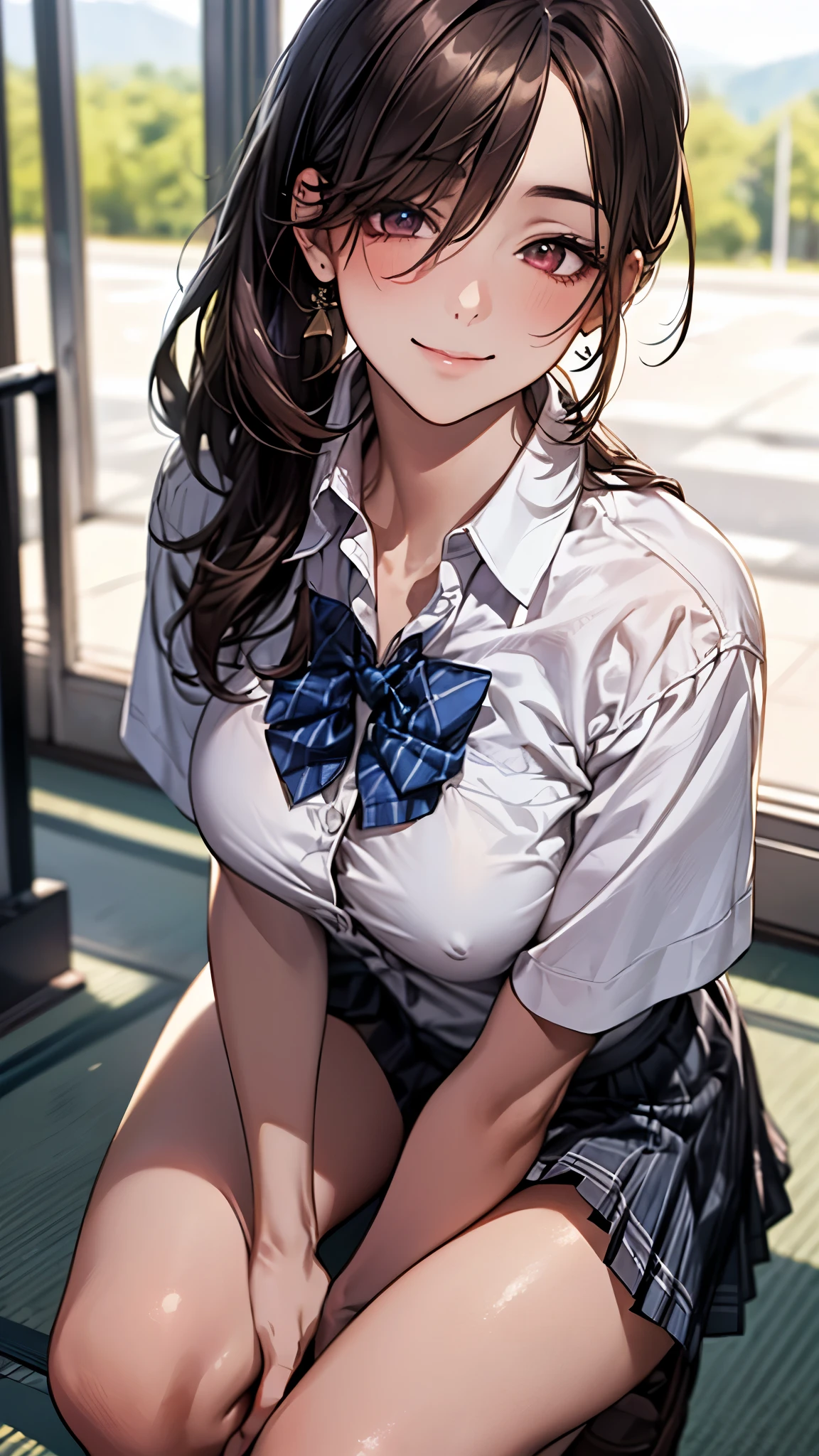(masterpiece:1.2, top-quality), (realistic, photorealistic:1.4), beautiful illustration, (natural side lighting, movie lighting), nsfw,
looking at viewer, cowboy shot, front view:0.6, 1 girl, japanese, high school girl, perfect face, cute and symmetrical face, shiny skin,
(long hair:1.5, side ponytail:1.4, brown hair), hair over one eye, maroon eyes, long eye lasher, (large breasts:0.6, thick thighs),
beautiful hair, beautiful face, beautiful detailed eyes, beautiful clavicle, beautiful body, beautiful chest, beautiful thigh, beautiful legs, beautiful fingers,
((collared short sleeve shirt, white shirt, school uniform, grey plaid pleated skirt, blue plaid bow tie)), white panties,
(beautiful scenery), school, (squatting, lift up skirt, grab the hem of the skirt, hands on chest, hand between legs), (lovely smile, upper eyes),